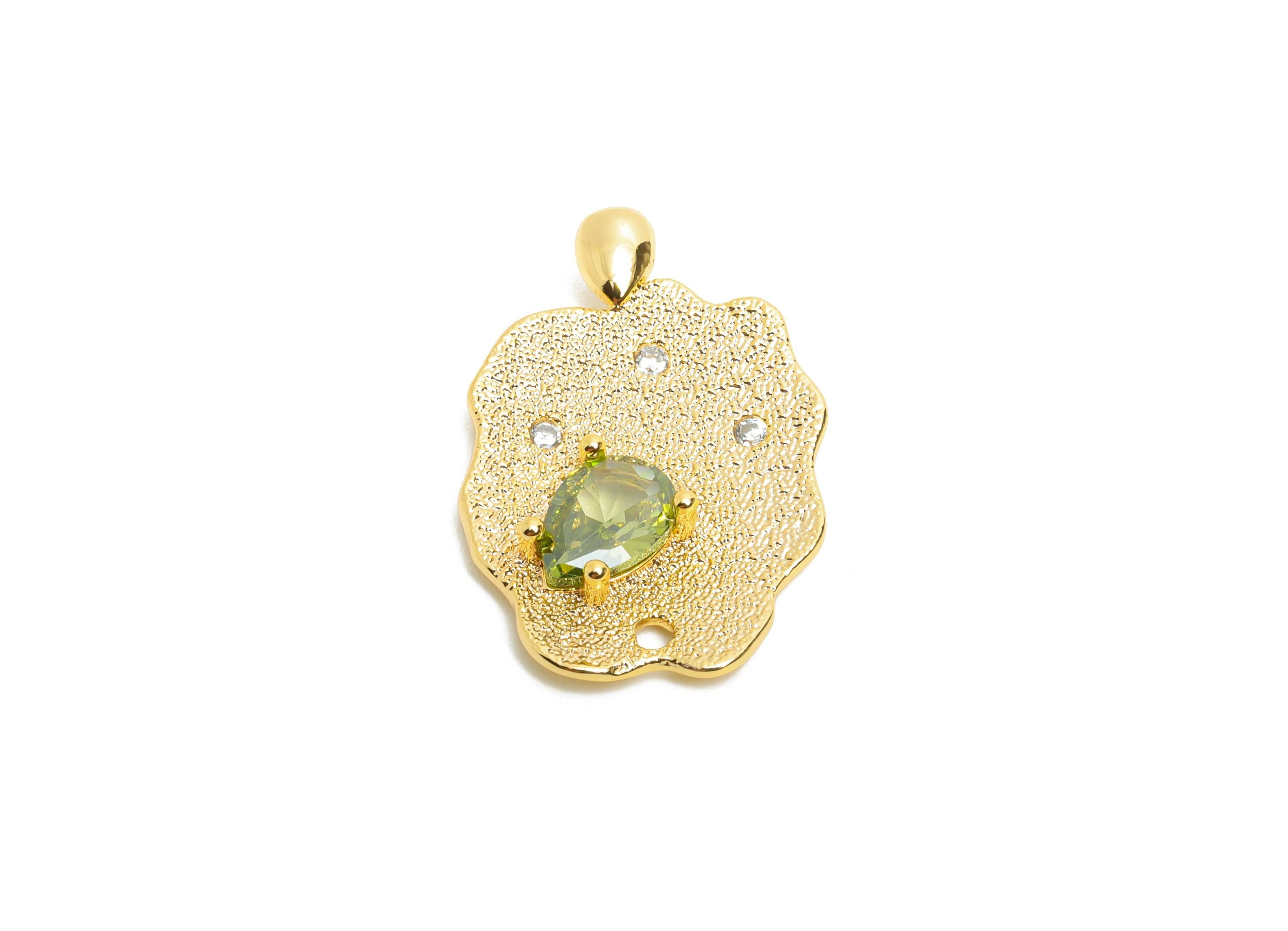 Green Teardrop Pendant - Brass Sparking Crystal Charm - Modern  Irregular Gold Pendant - 18K Real Gold Plated - 22.8x15.2x3.2mm - RGP10492 - DOMEDBAZAAR