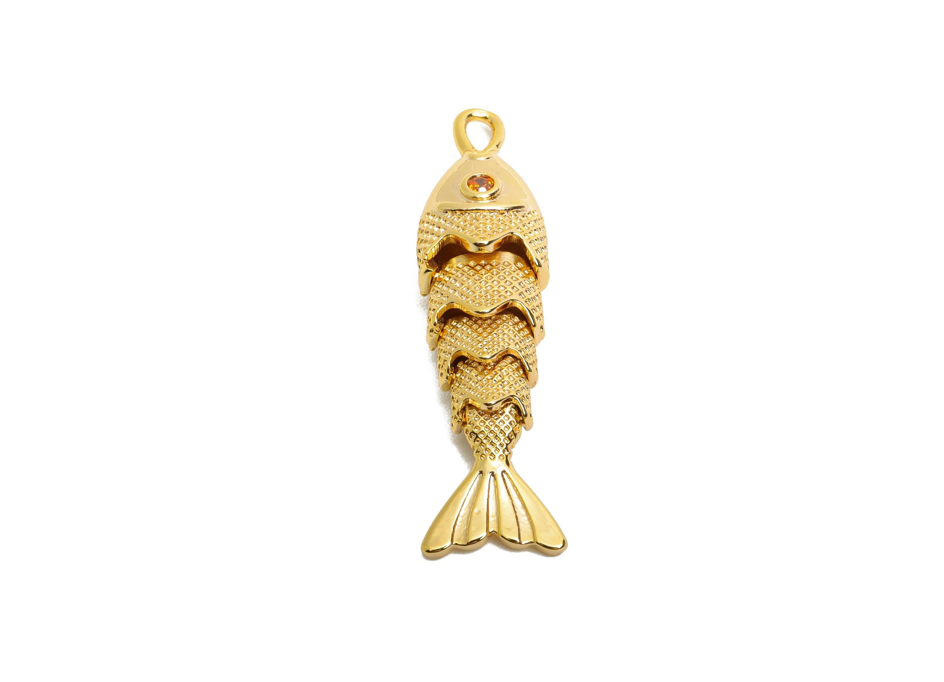 Movable 3D Articulated Fish Charm - Brass Textured Cubic Zircon Flexible Marine Pendant - 18K Real Gold Plated - 32.91x8x6mm - RGP10522 - DOMEDBAZAAR