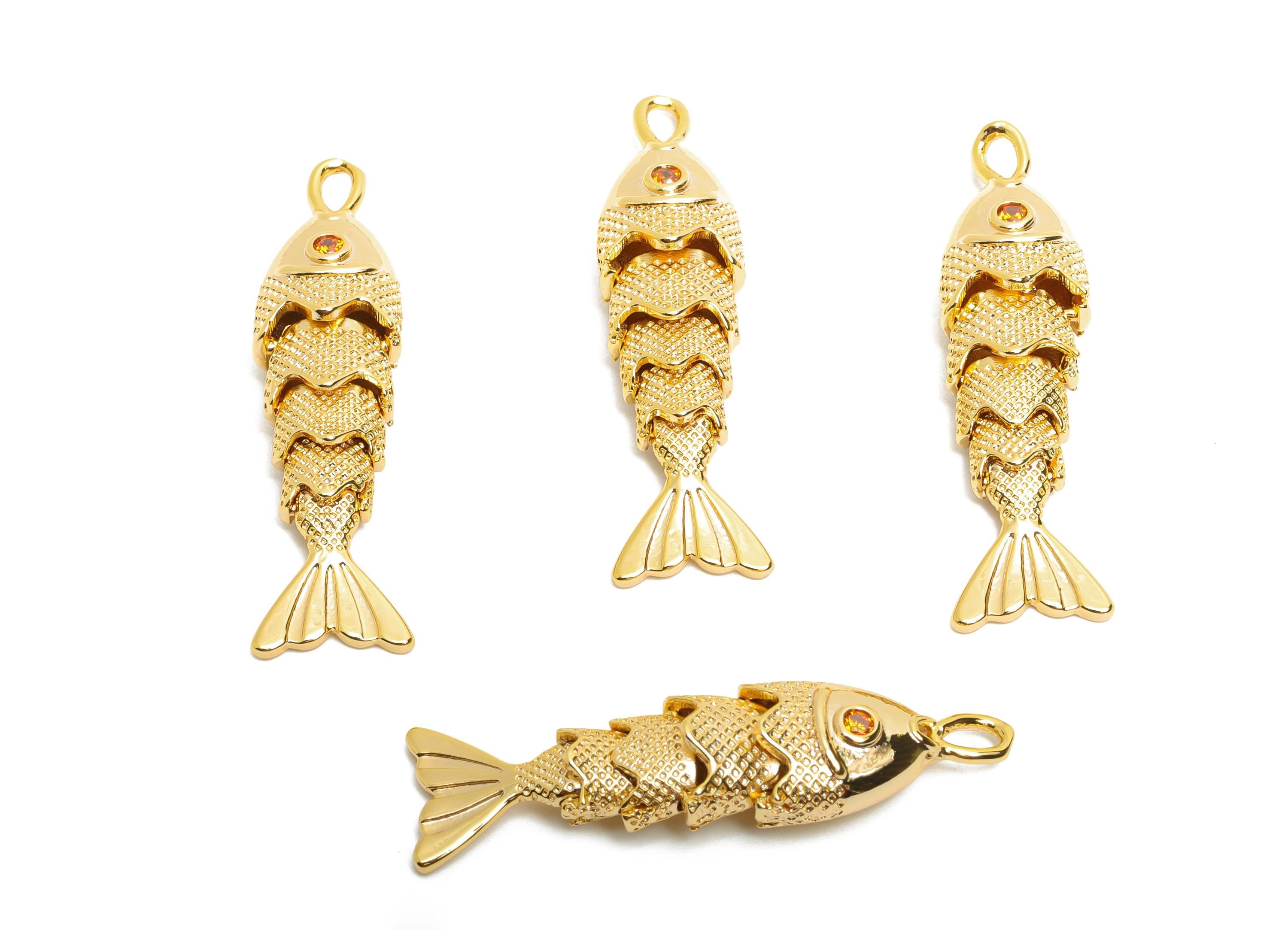 Movable 3D Articulated Fish Charm - Brass Textured Cubic Zircon Flexible Marine Pendant - 18K Real Gold Plated - 32.91x8x6mm - RGP10522 - DOMEDBAZAAR
