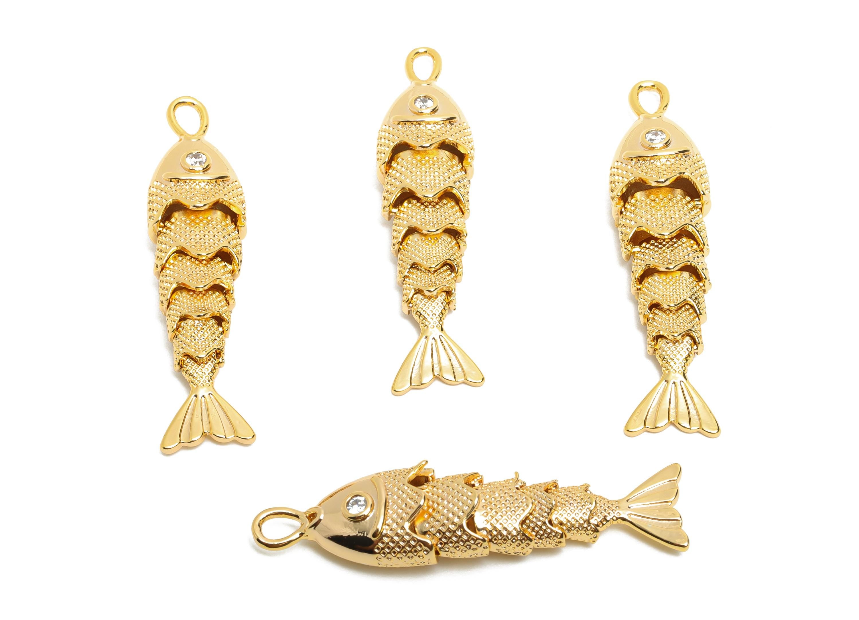 Movable 3D Articulated Fish Charm - Brass Textured Cubic Zircon Flexible Marine Pendant - 18K Real Gold Plated - 40x9.7x7.31mm - RGP10523 - DOMEDBAZAAR