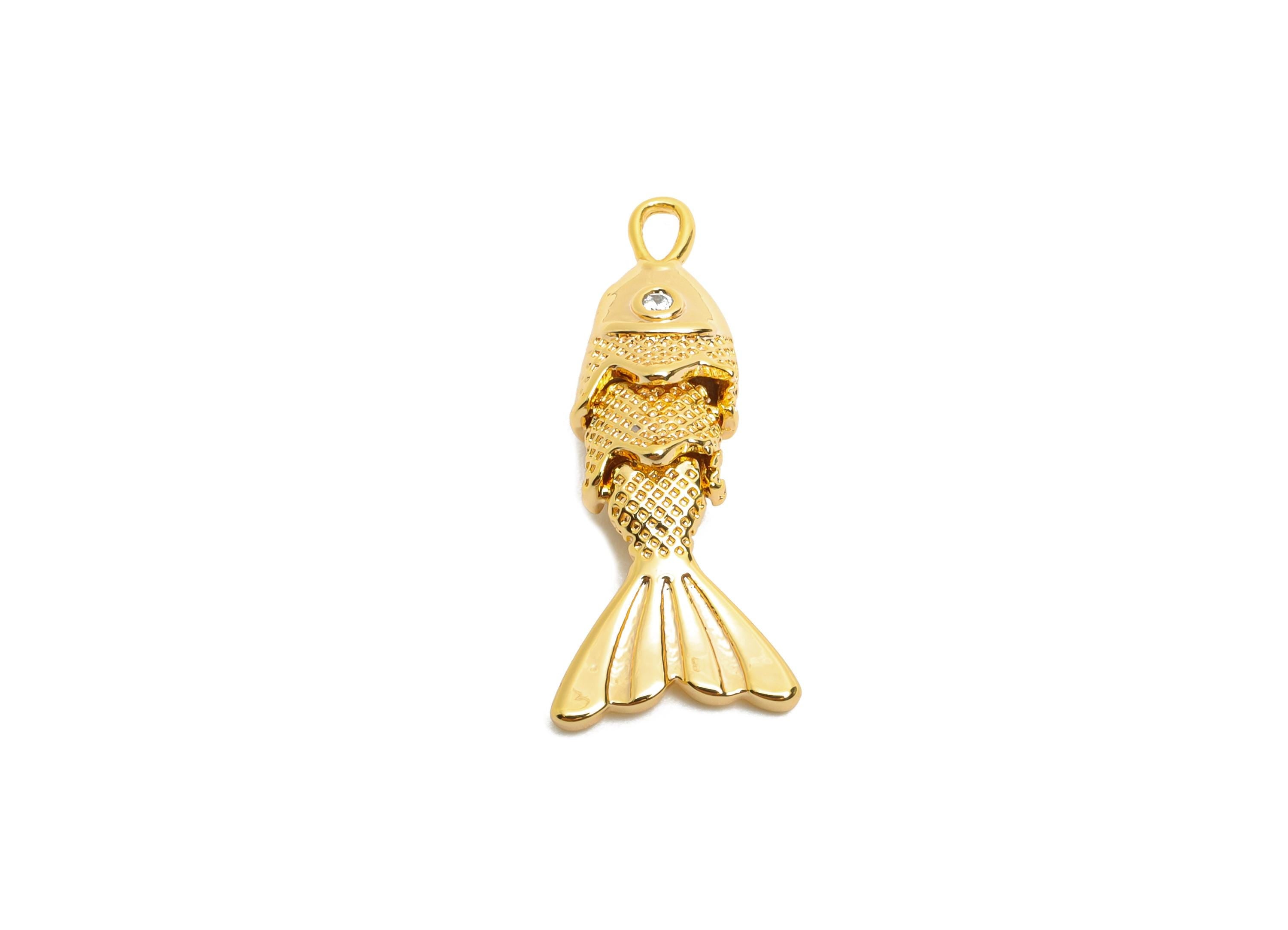 Gold Movable Fish Charms - Dainty Articulated Brass Fish Pendant - CZ Handmade Fish Jewelry - 18K Gold Plating - 22.47x9.3x4.9mm - RGP10514 - DOMEDBAZAAR