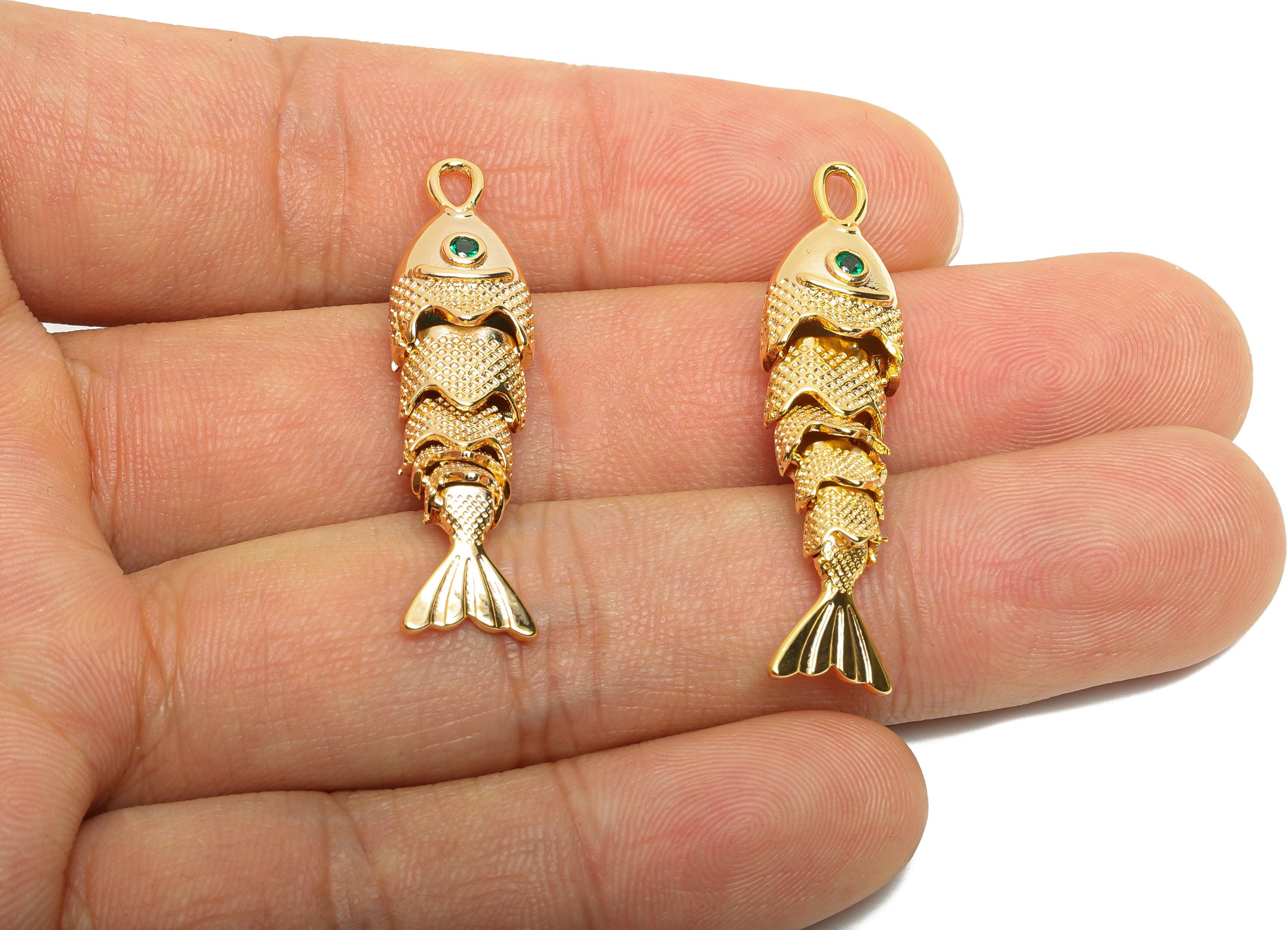 Movable 3D Articulated Fish Charm - Brass Textured Cubic Zircon Flexible Marine Pendant - 18K Real Gold Plated - 40x9.7x7.31mm - RGP10524 - DOMEDBAZAAR