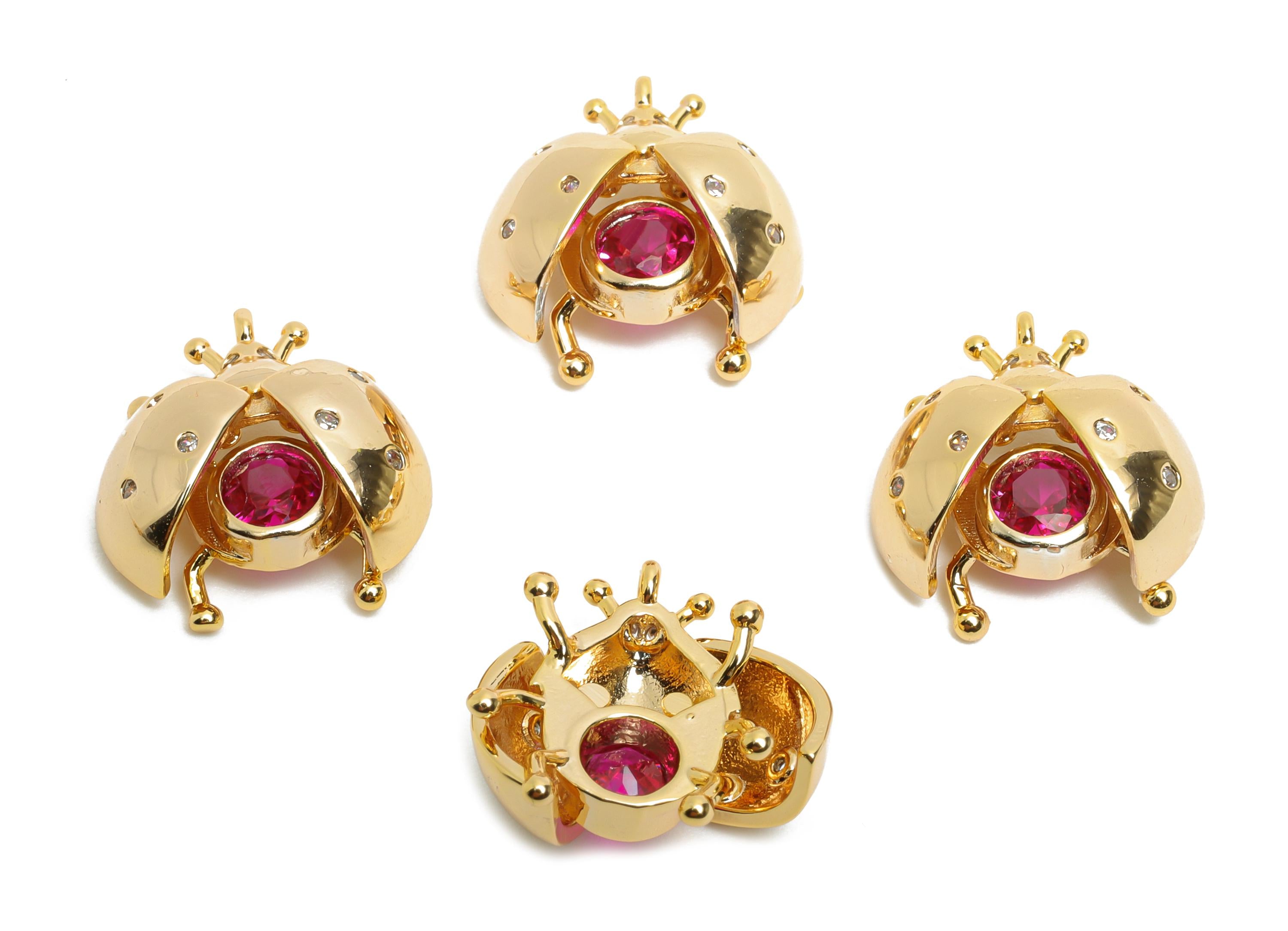 Gold Beetle Charm - Brass Openable Beetle Pendant - Zircon Sparking Pink Hollow Ladybug Pendant - 18K Real Gold Plated - 14x12x6mm-RGP10503 - DOMEDBAZAAR
