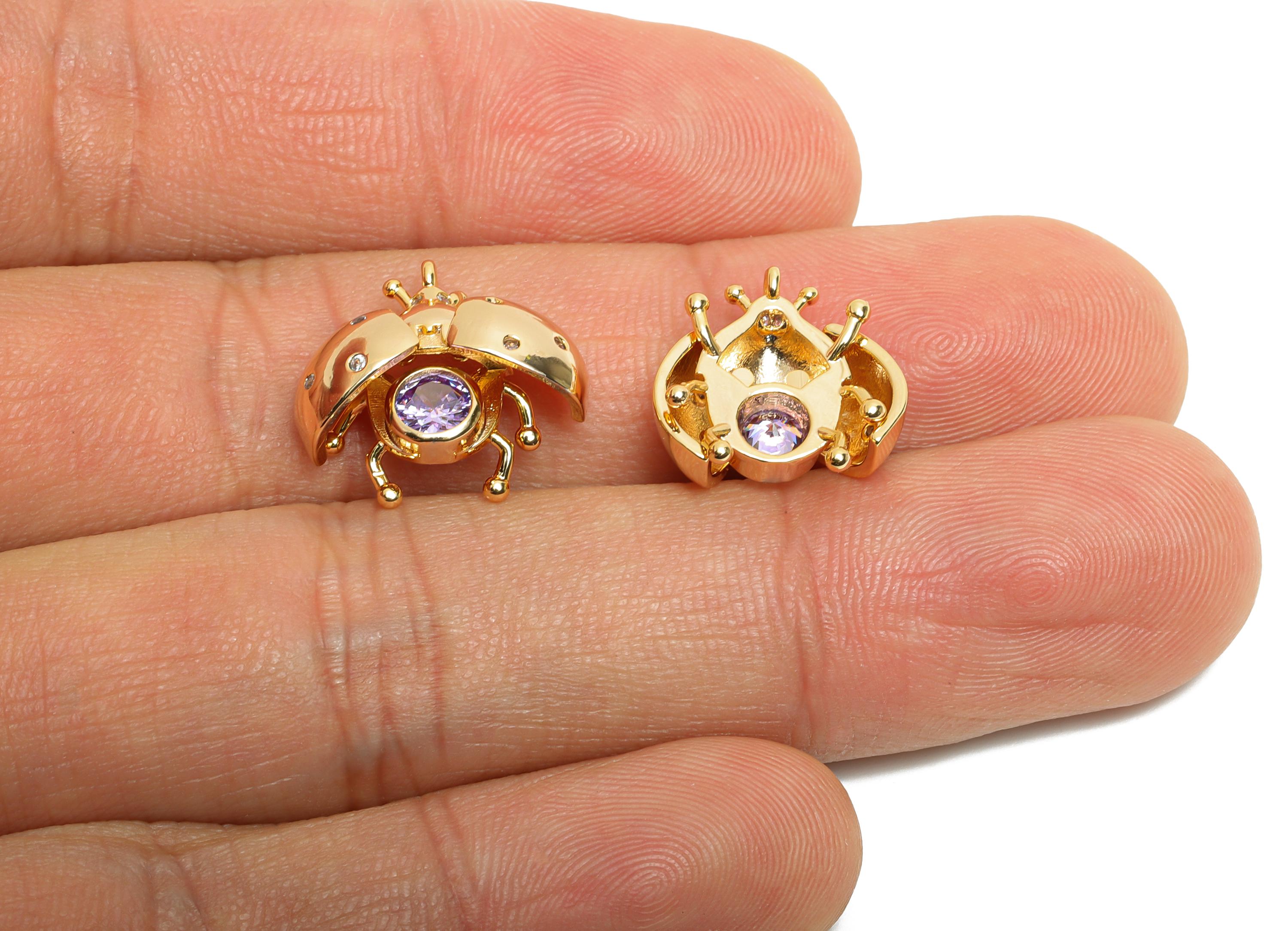 Gold Beetle Charm - Brass Openable Beetle Pendant - Zircon Sparking Purple Ladybug Pendant - 18K Real Gold Plated - 14x12x6mm-RGP10502 - DOMEDBAZAAR