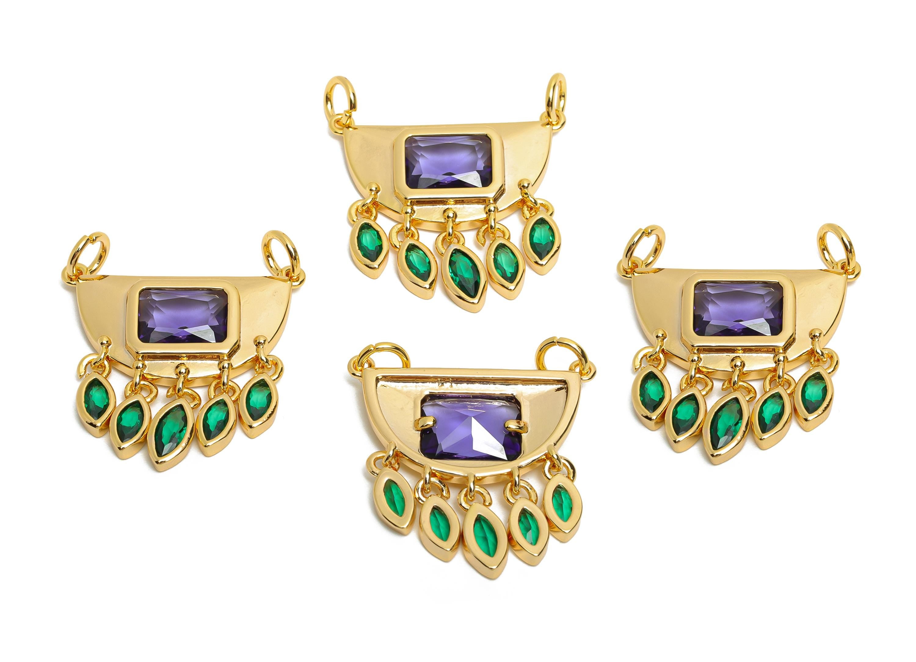 Brass Geometric Crystal Charms - Dangling Purple and Pink Charm - Fashionable Drop Charm - 18K Real Gold Plated - 22x22x3.09mm - RGP10464 - DOMEDBAZAAR