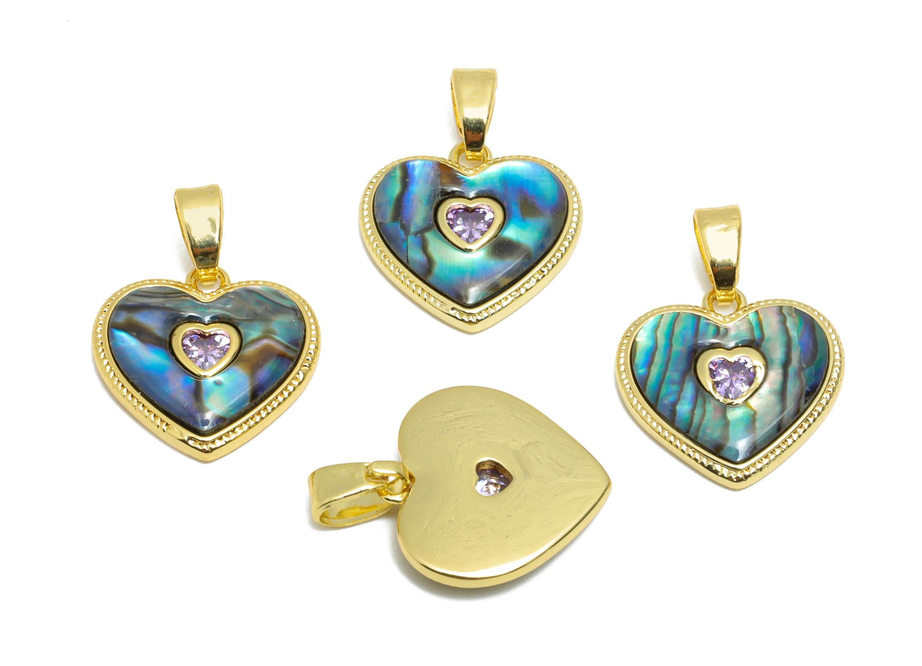 Brass CZ Heart Pendant - Gold Zircon Abalone Shell Pendant for Necklace - Refined Jewelry - 18K Gold-Plated - 13.43x13.74x3.03mm - RGP10647 - DOMEDBAZAAR