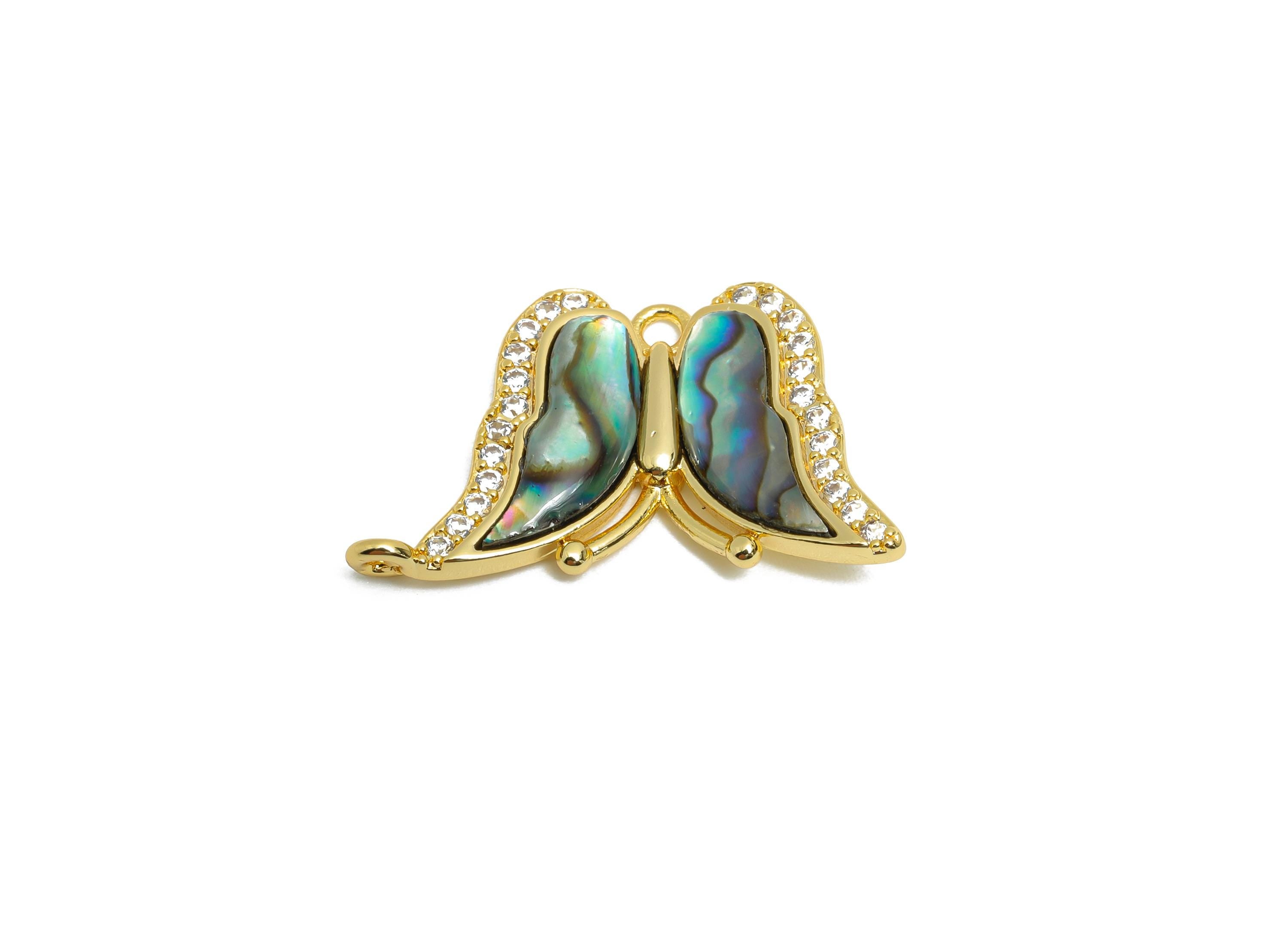 Brass CZ Butterfly Pendant - Gold Zircon Abalone Shell Pendant with Loop - Refined Jewelry - 18K Gold-Plated - 25.61x15.75x3.67mm - RGP10658 - DOMEDBAZAAR