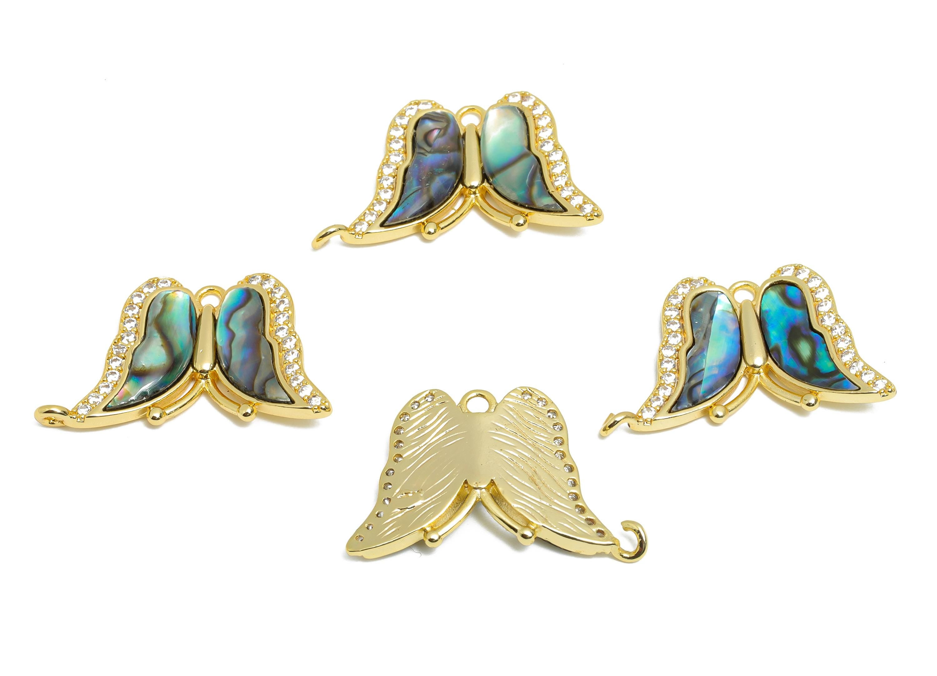 Brass CZ Butterfly Pendant - Gold Zircon Abalone Shell Pendant with Loop - Refined Jewelry - 18K Gold-Plated - 25.61x15.75x3.67mm - RGP10658 - DOMEDBAZAAR
