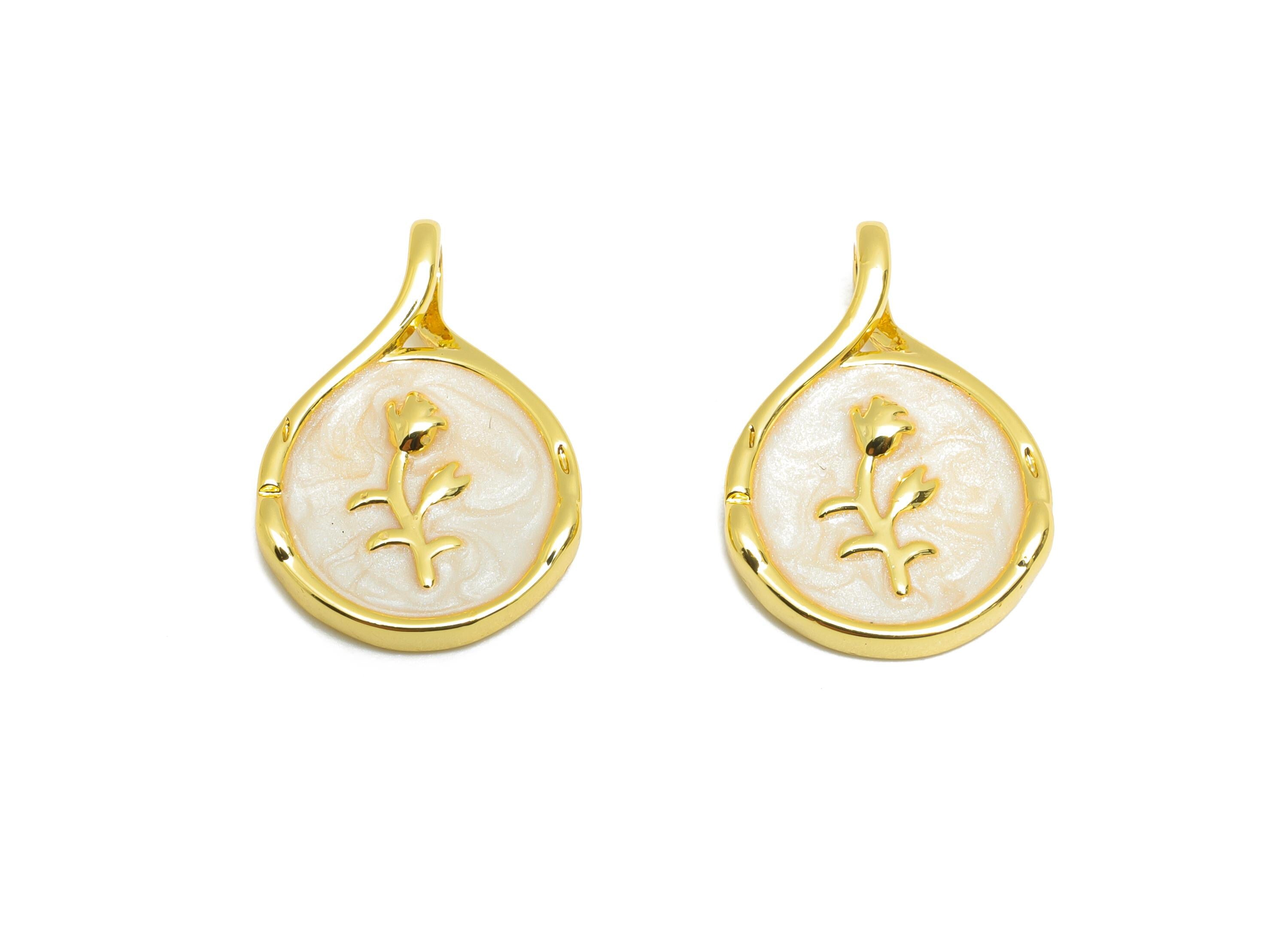 Brass Round Floral Pendant - Luxury Gold Enamel Flower Pendant - Elegant Necklace Jewelry - 18K Real Gold-Plated - 19x12.8x2.75mm - RGP10669 - DOMEDBAZAAR