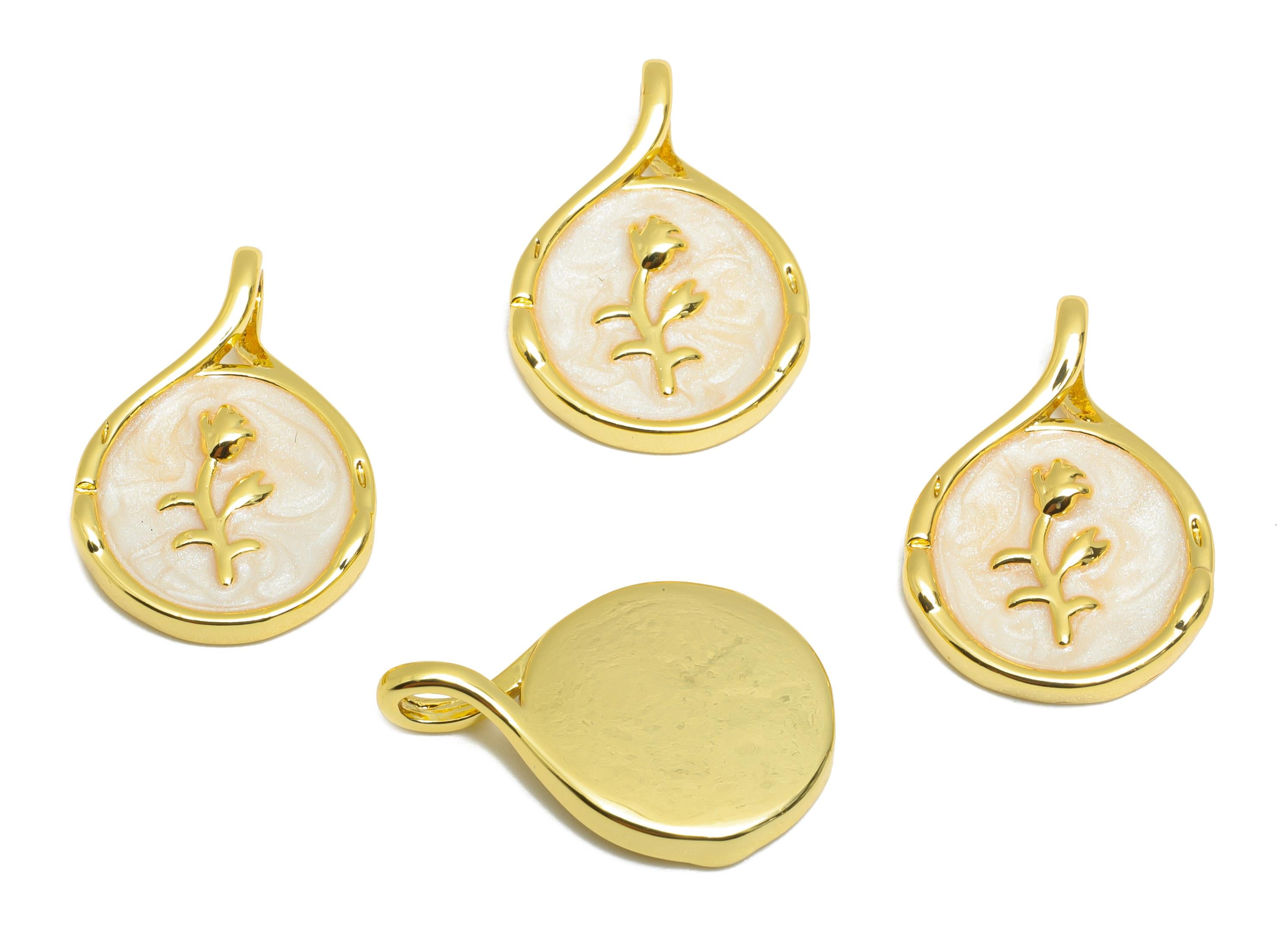 Brass Round Floral Pendant - Luxury Gold Enamel Flower Pendant - Elegant Necklace Jewelry - 18K Real Gold-Plated - 19x12.8x2.75mm - RGP10669 - DOMEDBAZAAR