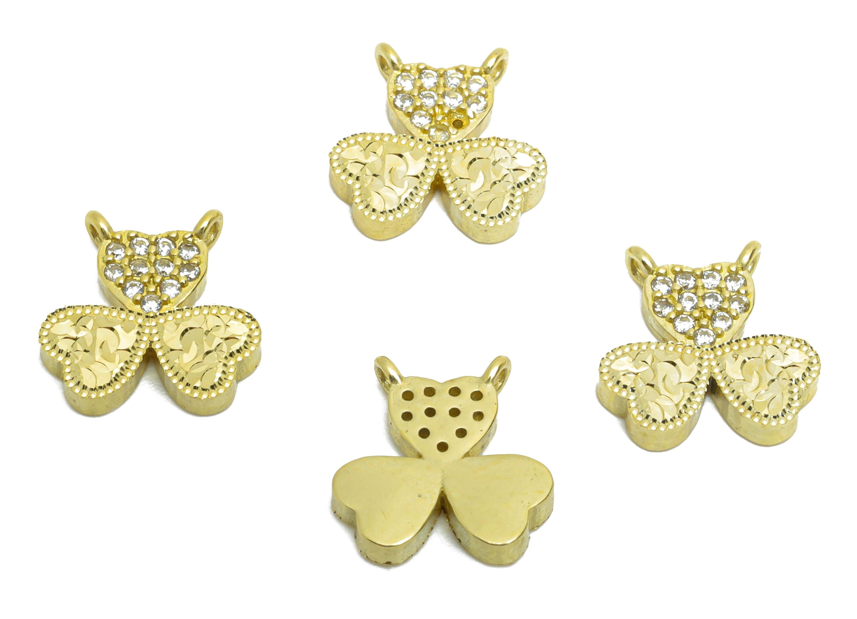Shimmering Clover Charm - Raw Brass Clover Pendant with Crystals - Cubic Zircon Textured Laser Cut  - Beaded Clover - 10x10x1mm - PP11160 - DOMEDBAZAAR