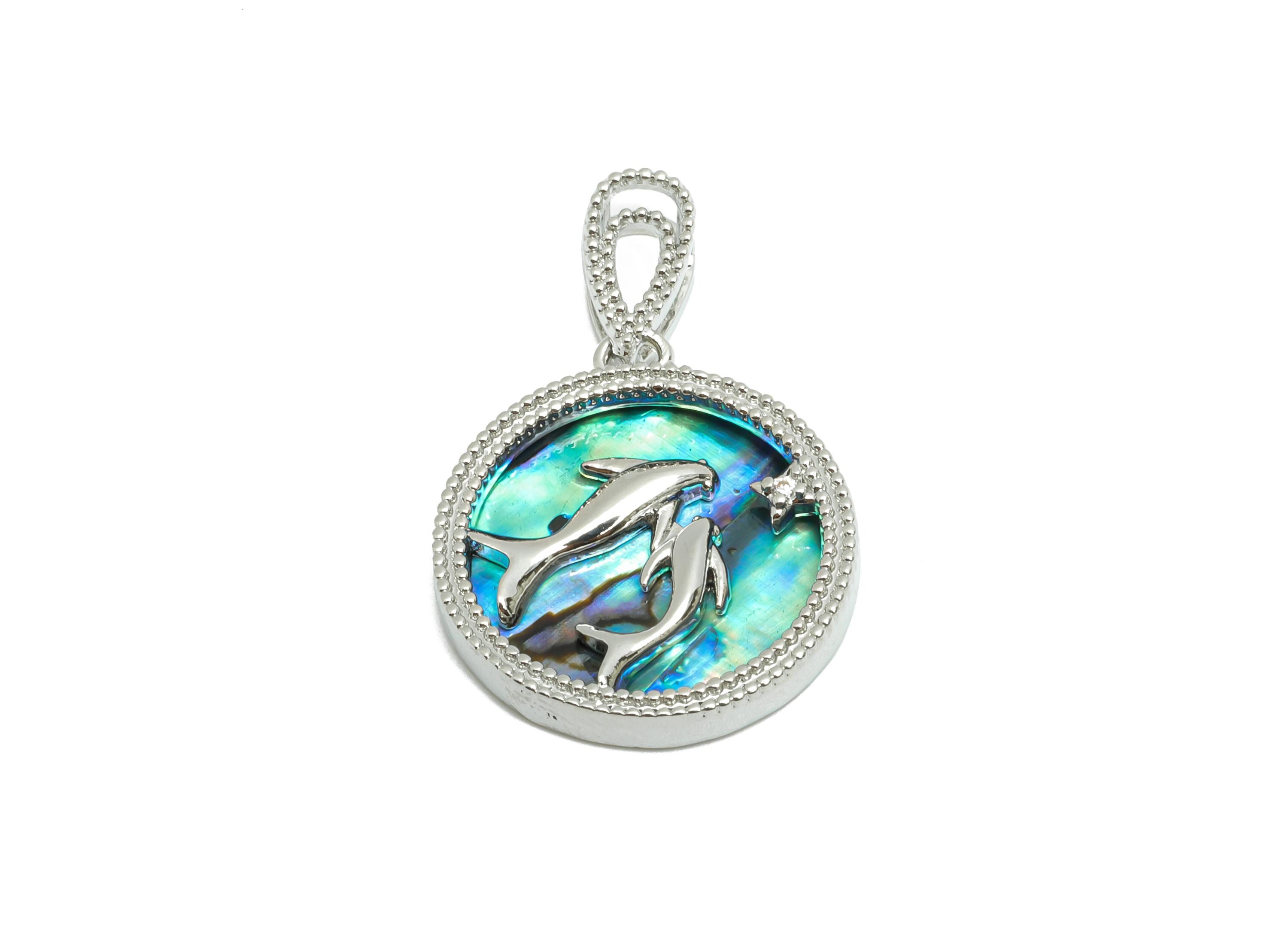 Brass CZ Dolphin Pendant - Round Abalone Shell Pendant - Refined Necklace Jewelry - 18K White Gold-Plated - 25.52x16.77x2.82mm - RGP10639 - DOMEDBAZAAR