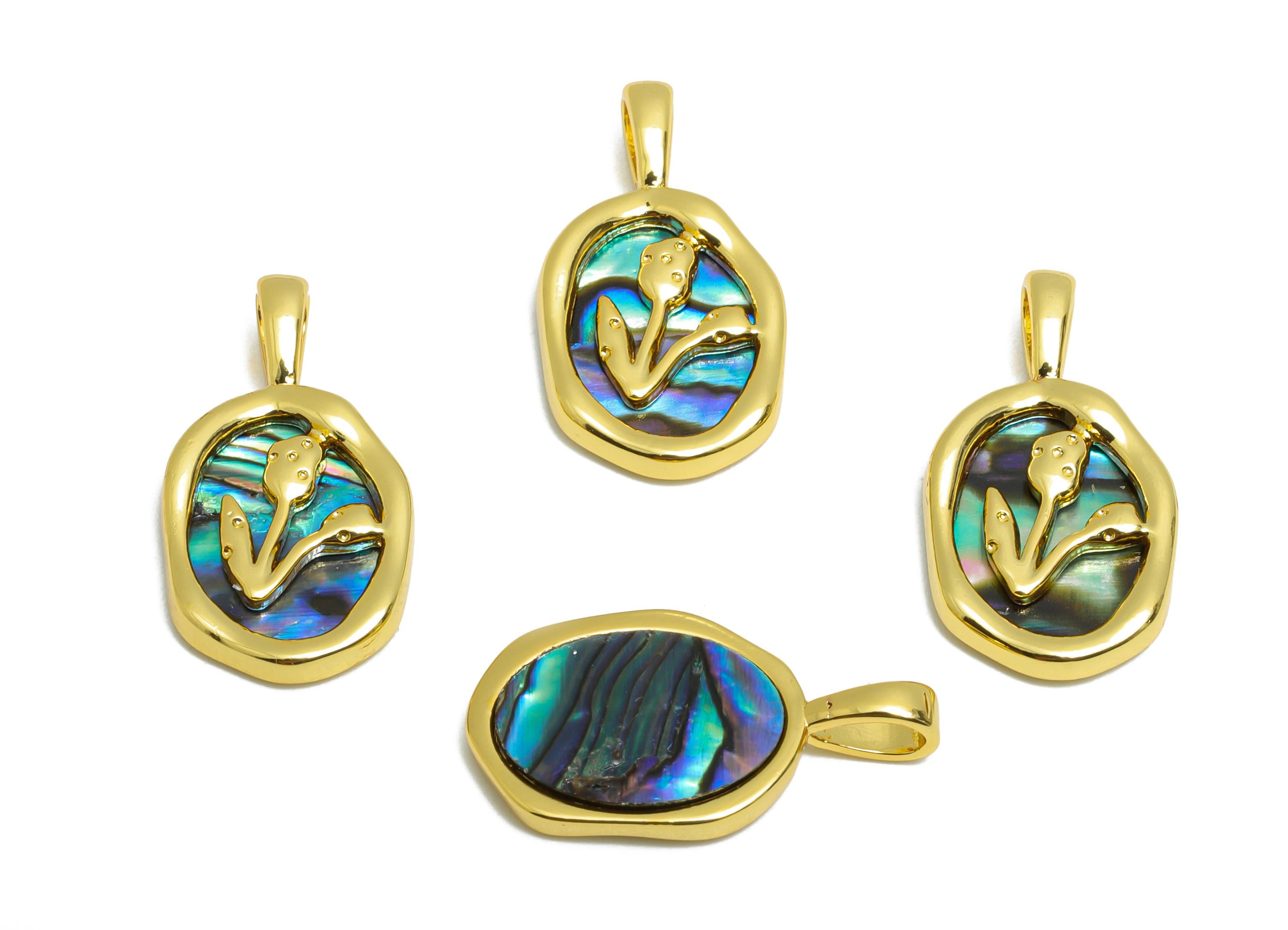 Brass Oval Floral Pendant - Gold Abalone Shell Pendant for Necklace - Refined Jewelry - 18K Real Gold-Plated - 19.55x10.62x2.35mm - RGP10685 - DOMEDBAZAAR