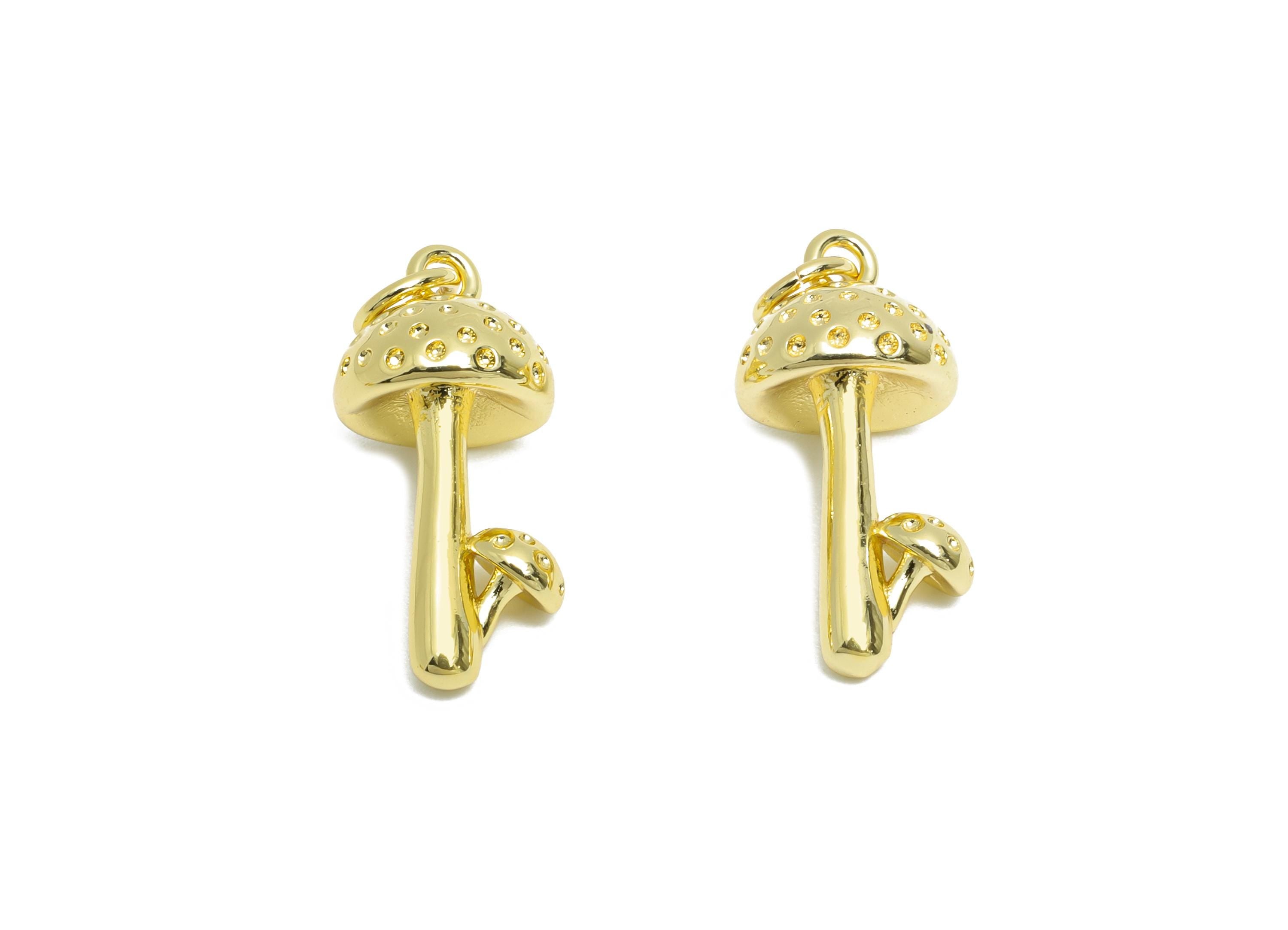 Brass Mushroom Pendant - Gold Textured Nature Pendant - Statement Necklace Jewelry DIY - 18K Real Gold-Plated - 19.22x9.35x9.35mm - RGP10587 - DOMEDBAZAAR