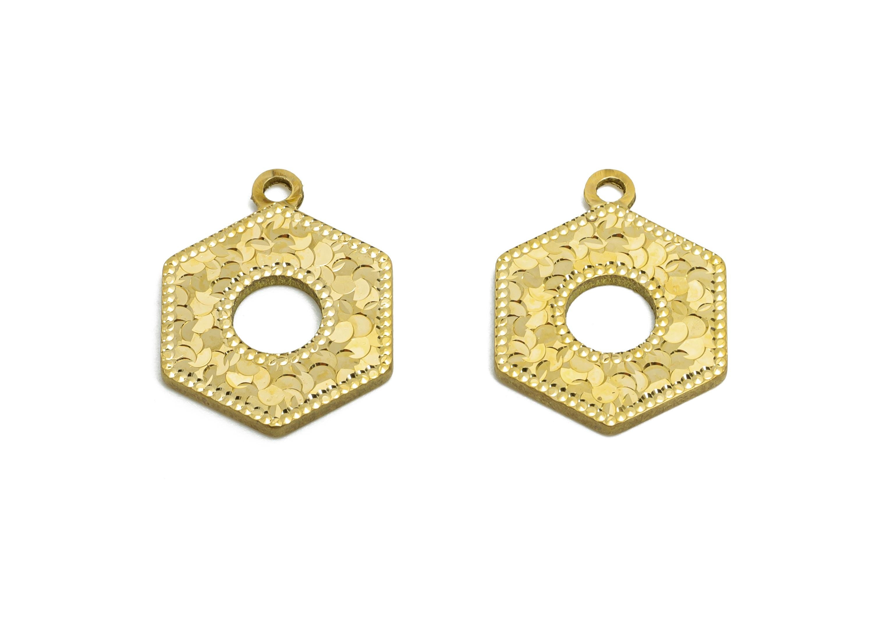 Brass Hexagon Earring Charm - Raw Brass Textured Shiny Geometry Charm - Vintage Shiny Charm - Textured Laser Cut - 16x12x1.3mm - PP11157 - DOMEDBAZAAR