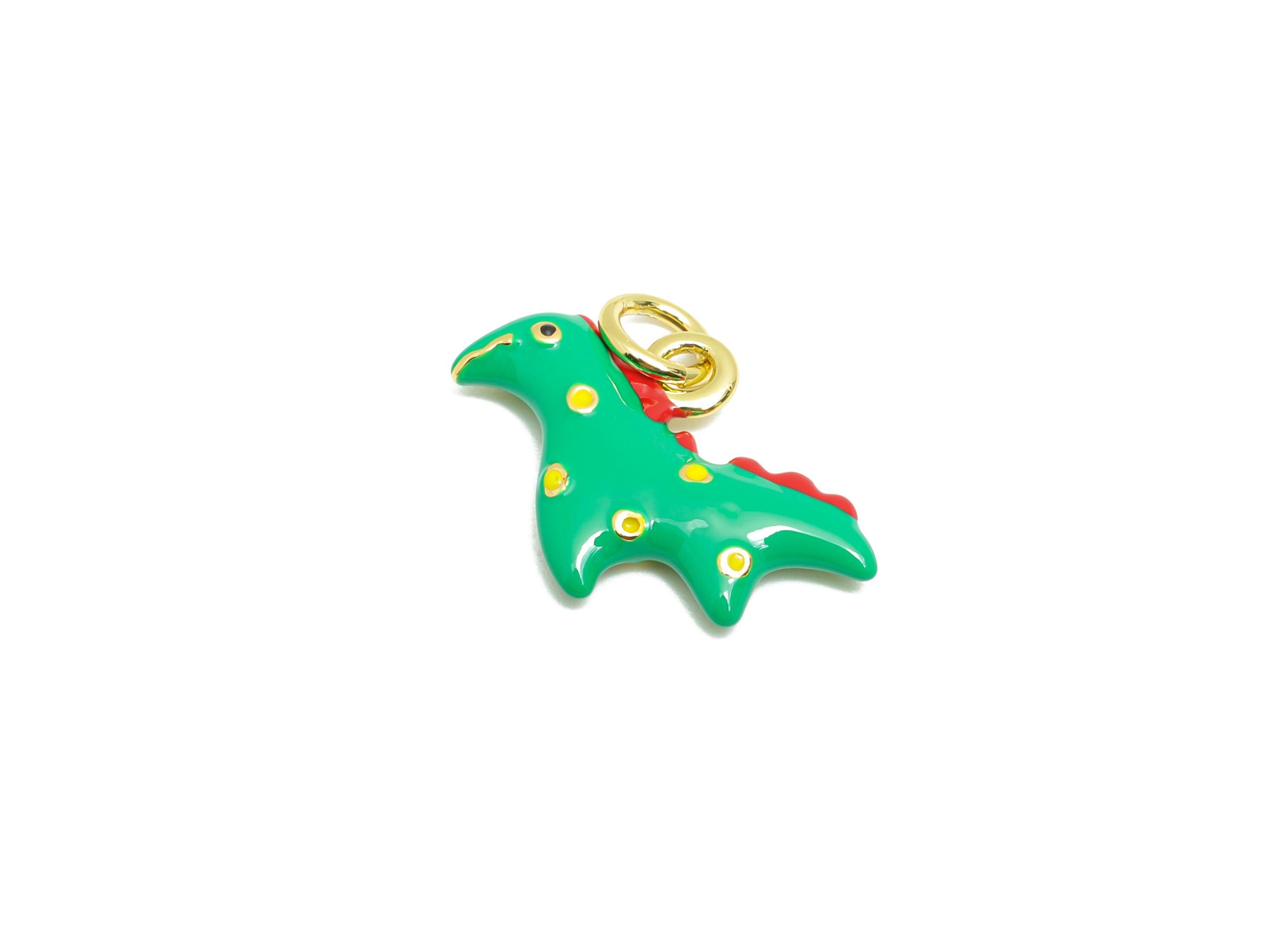 Brass Dinosaur Bracelet Charm - Cute Colorful Enamel Dinosaur Pendant - Unique Jewelry - 18K Real Gold-Plated - 18.38x12.3x2.96mm - RGP10575 - DOMEDBAZAAR