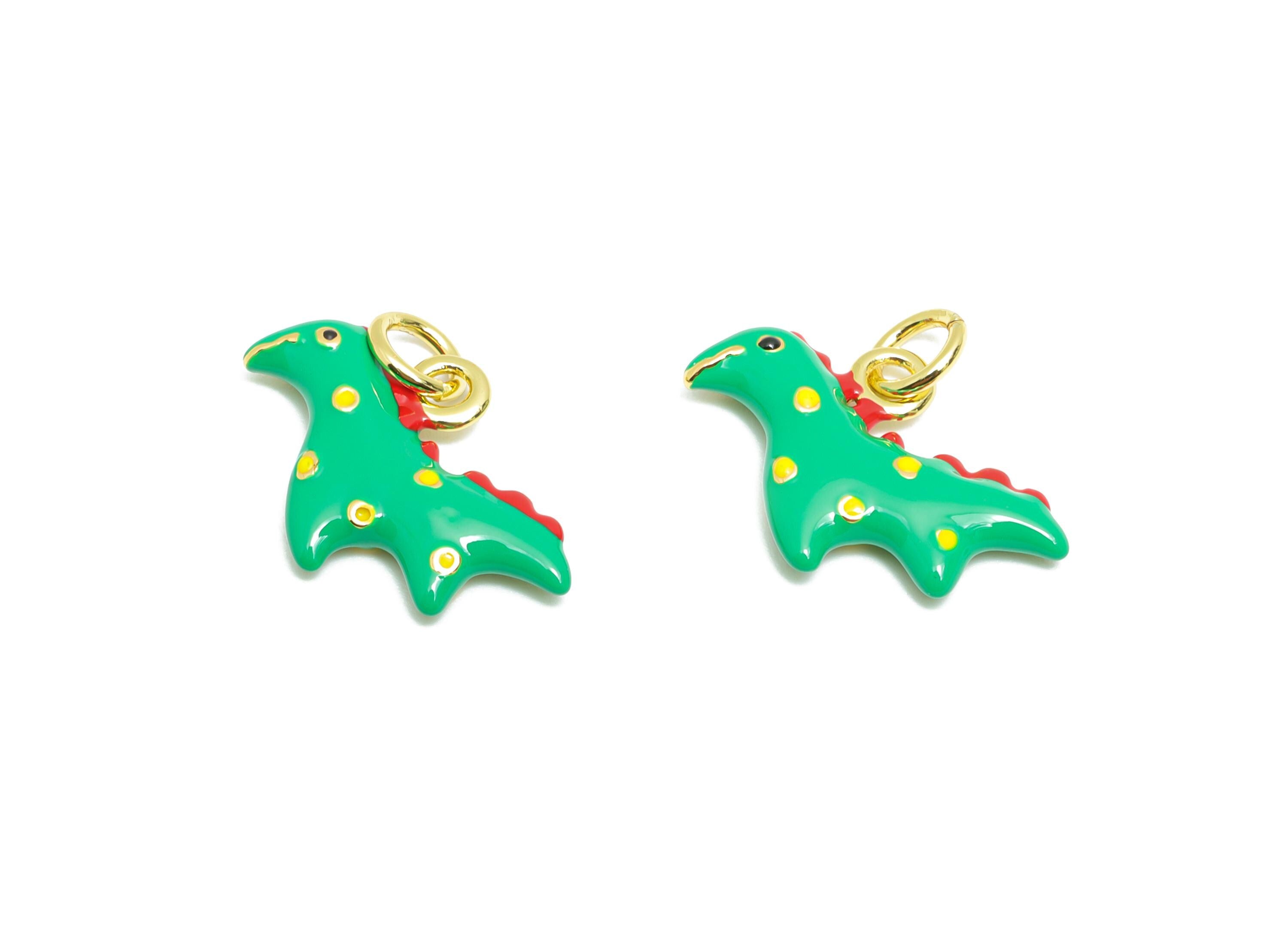 Brass Dinosaur Bracelet Charm - Cute Colorful Enamel Dinosaur Pendant - Unique Jewelry - 18K Real Gold-Plated - 18.38x12.3x2.96mm - RGP10575 - DOMEDBAZAAR