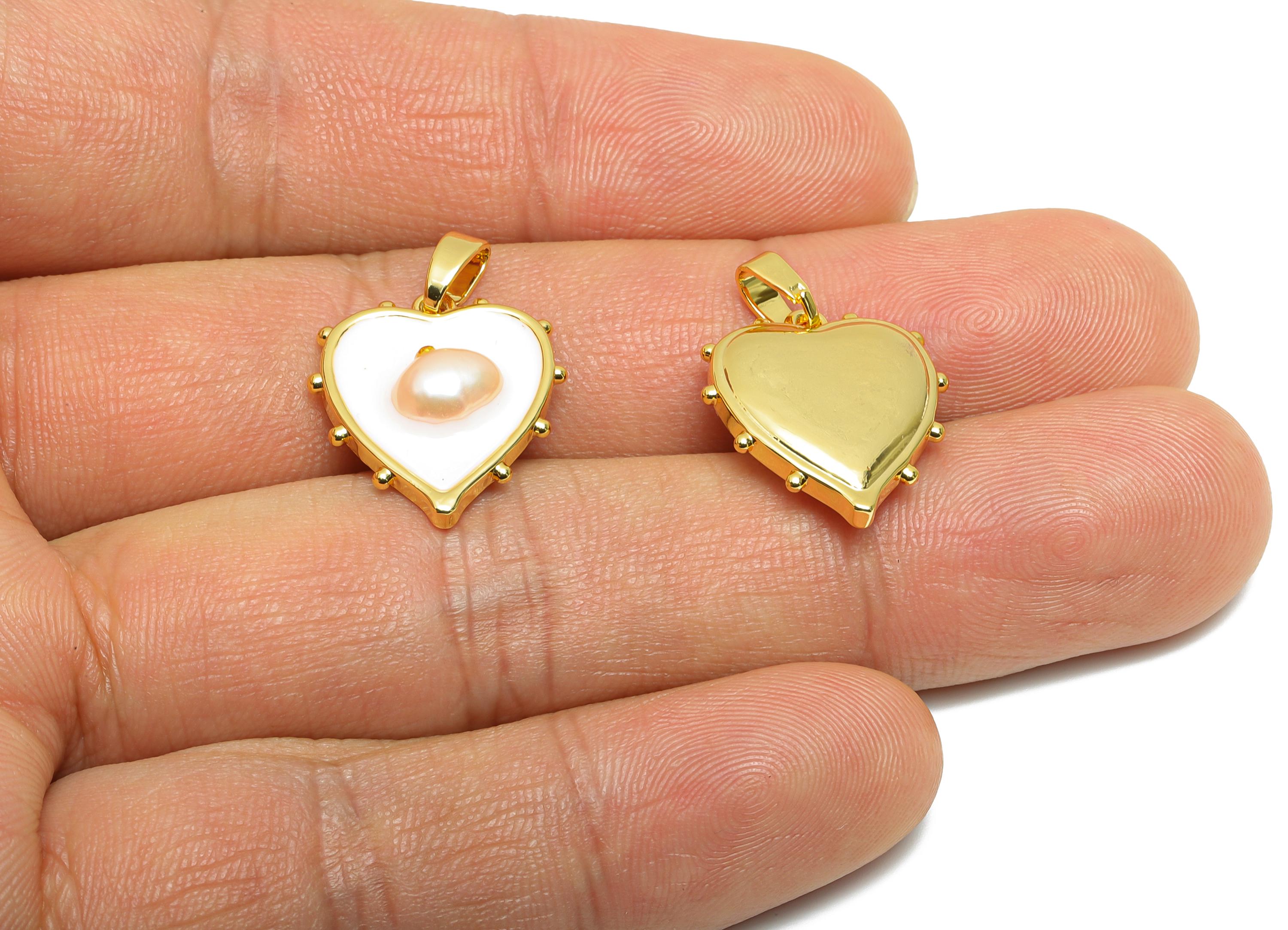 Pearl Heart Pendant - Brass Enamel Dainty with Pearl Charm - Classic Pearl Heart Charm - 18K Real Gold Plated - 18x16x4.72mm - RGP10677 - DOMEDBAZAAR