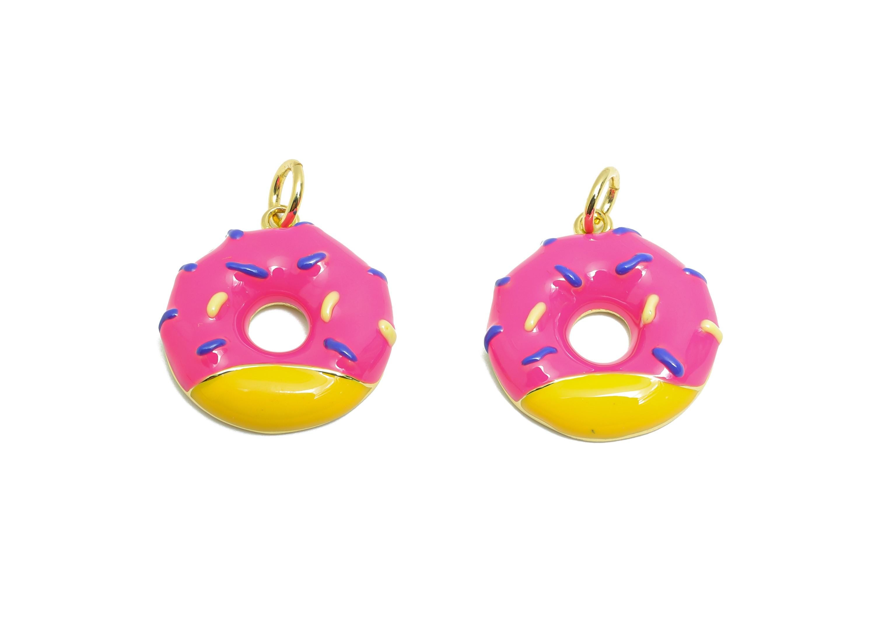Brass Pink Donut Bracelet Charm - Colorful Enamel Dessert Pendant - Fun Jewelry Accessories - 18K Real Gold-Plated - 18x16x3.3mm - RGP10569A - DOMEDBAZAAR