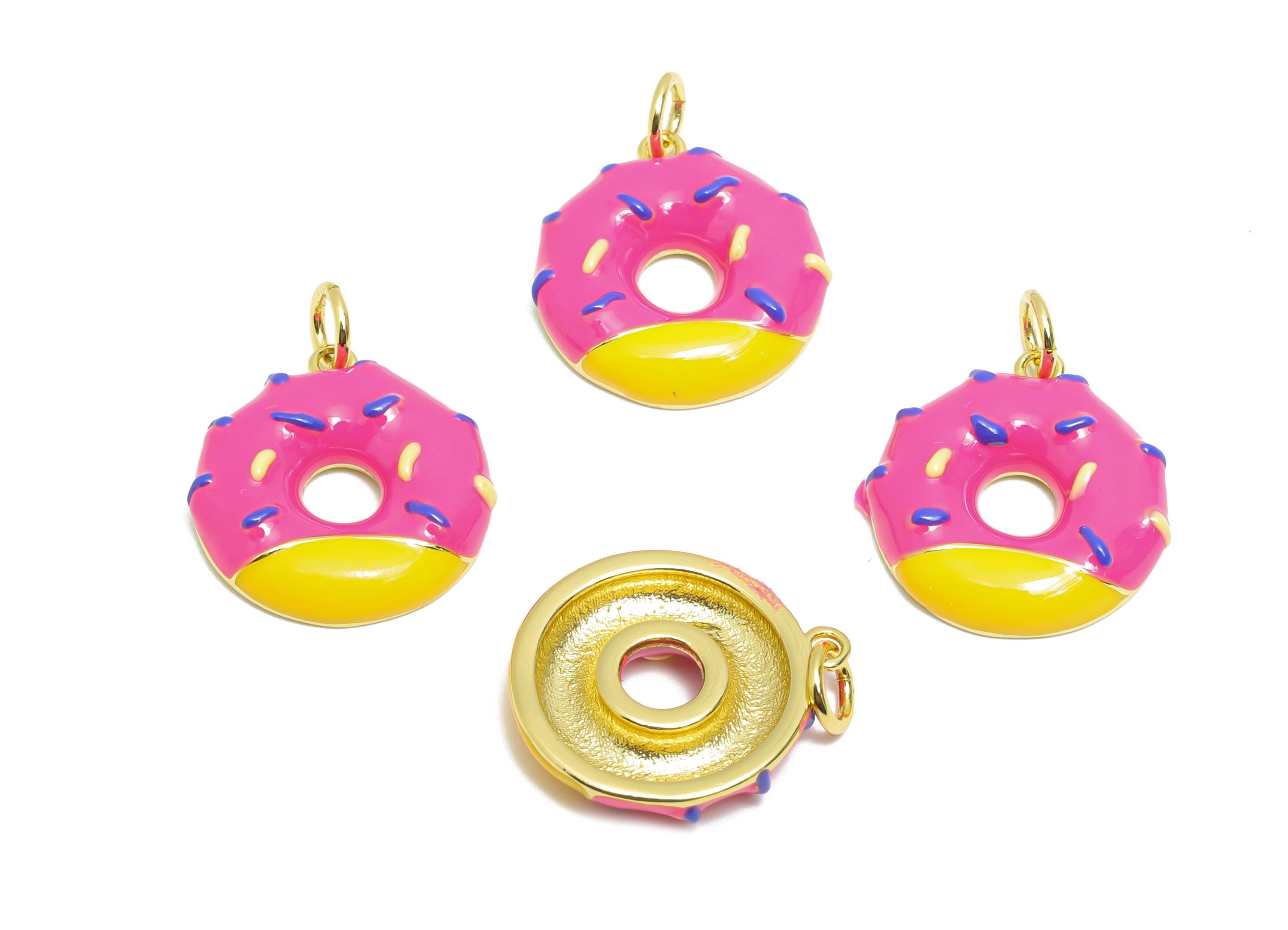 Brass Pink Donut Bracelet Charm - Colorful Enamel Dessert Pendant - Fun Jewelry Accessories - 18K Real Gold-Plated - 18x16x3.3mm - RGP10569A - DOMEDBAZAAR
