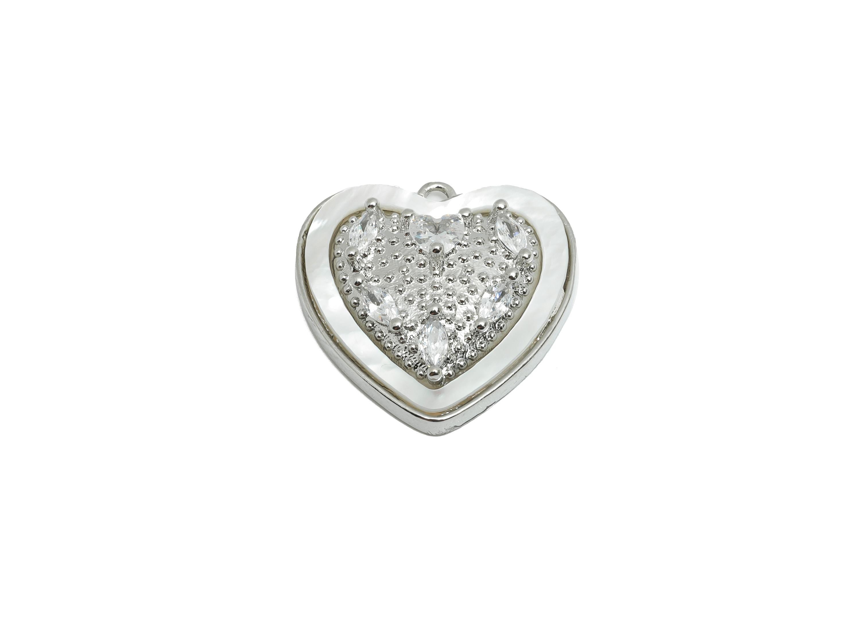 Sparkling CZ Heart Earring Charm - Brass Shell Pendant for Necklace - Refined Jewelry - 18K White Gold-Plated - 20.8x20.26x6.4mm - RGP10691 - DOMEDBAZAAR
