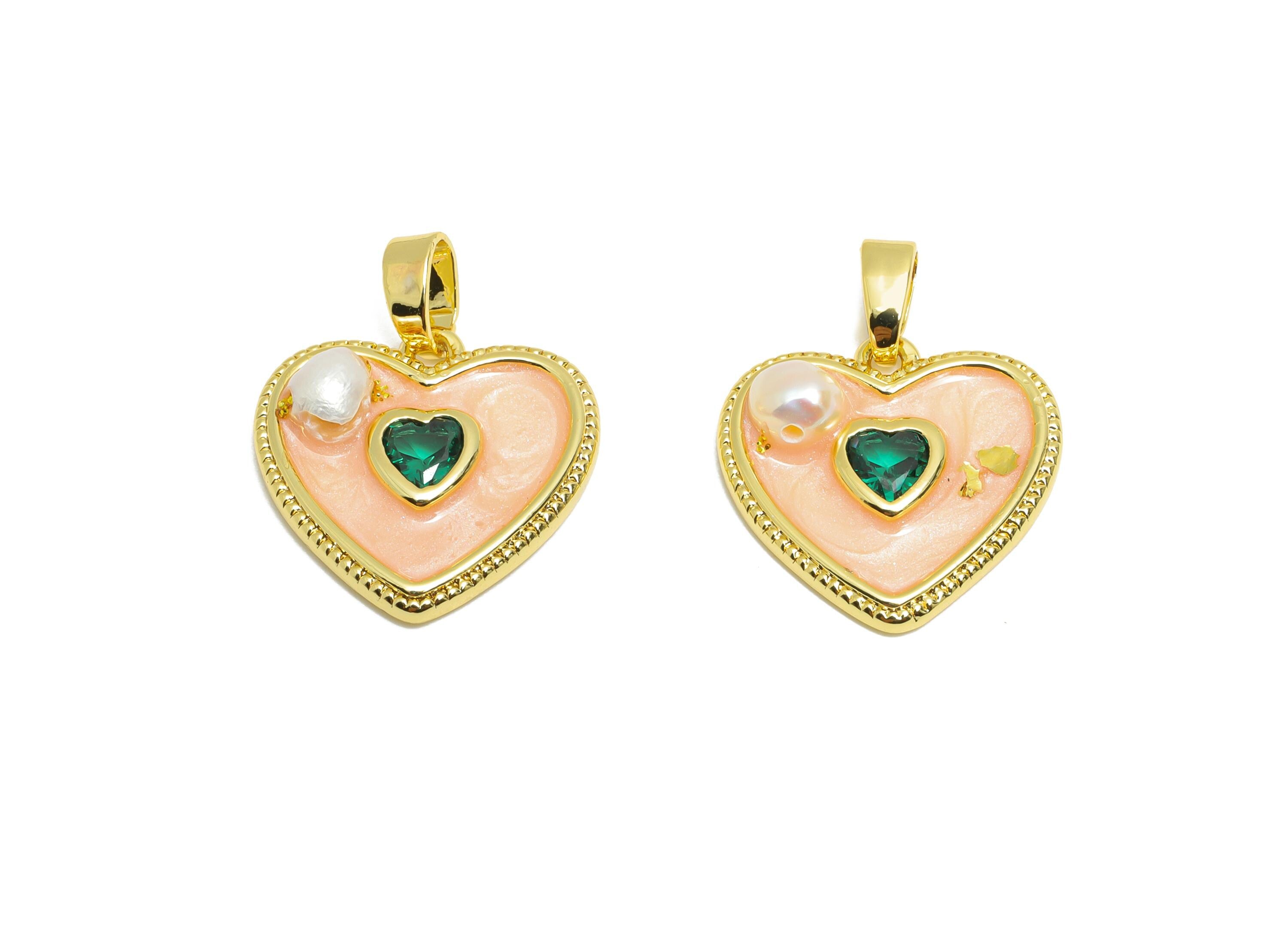 Pearl Heart Pendant - Brass Enamel Dainty with Pearl Charm - Classic Pearl CZ Heart Charm - 18K Real Gold Plated - 18x16.4x4.5mm - RGP10690 - DOMEDBAZAAR