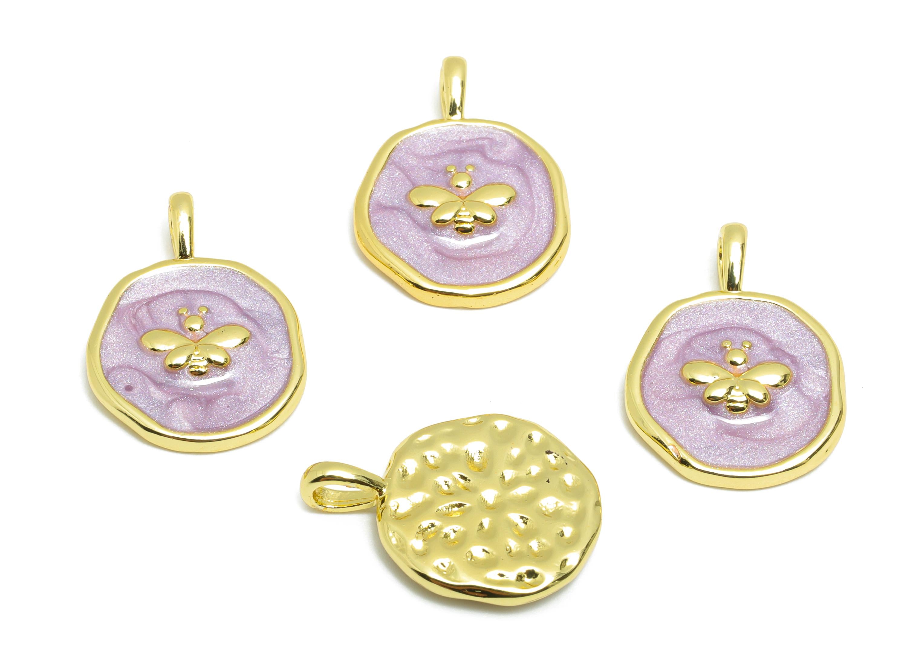Brass Bee Pendant - Hammered Purple Enamel Bee Pendant - Elegant Jewelry Accessories - 18K Real Gold-Plated - 18.21x13.76x2.66mm - RGP10556 - DOMEDBAZAAR