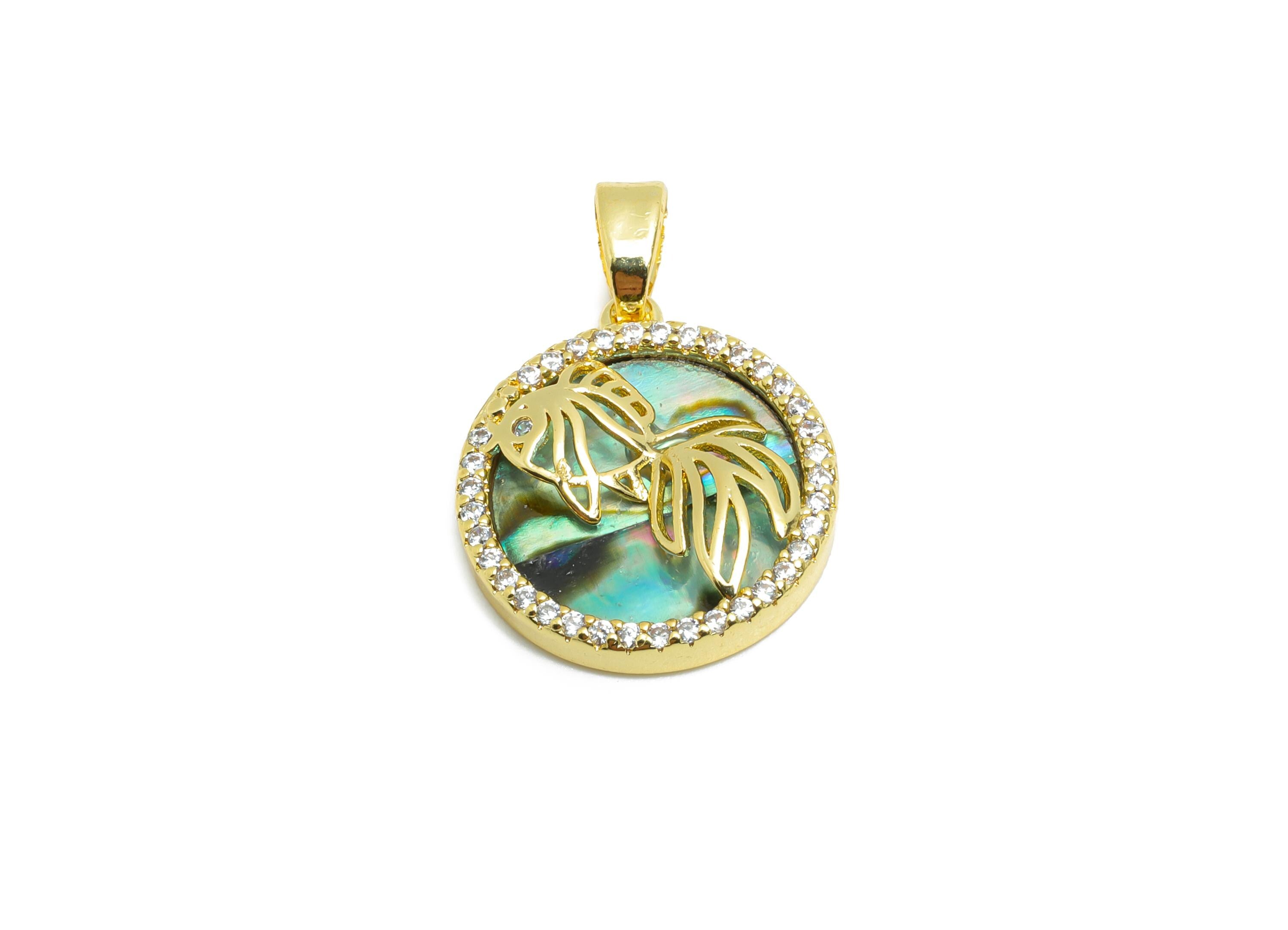Shell Fish Pendant - Brass Abalone Shell Pendant with Fish - Ocean Gold Pendant - 18K Real Gold Plated - 16x14x3.59mm - RGP10649 - DOMEDBAZAAR