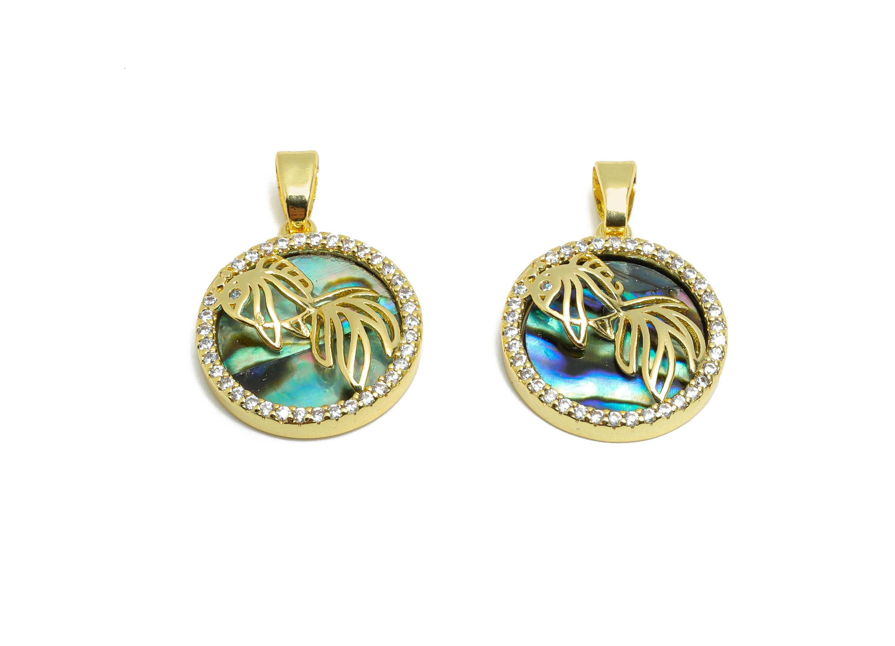 Shell Fish Pendant - Brass Abalone Shell Pendant with Fish - Ocean Gold Pendant - 18K Real Gold Plated - 16x14x3.59mm - RGP10649 - DOMEDBAZAAR