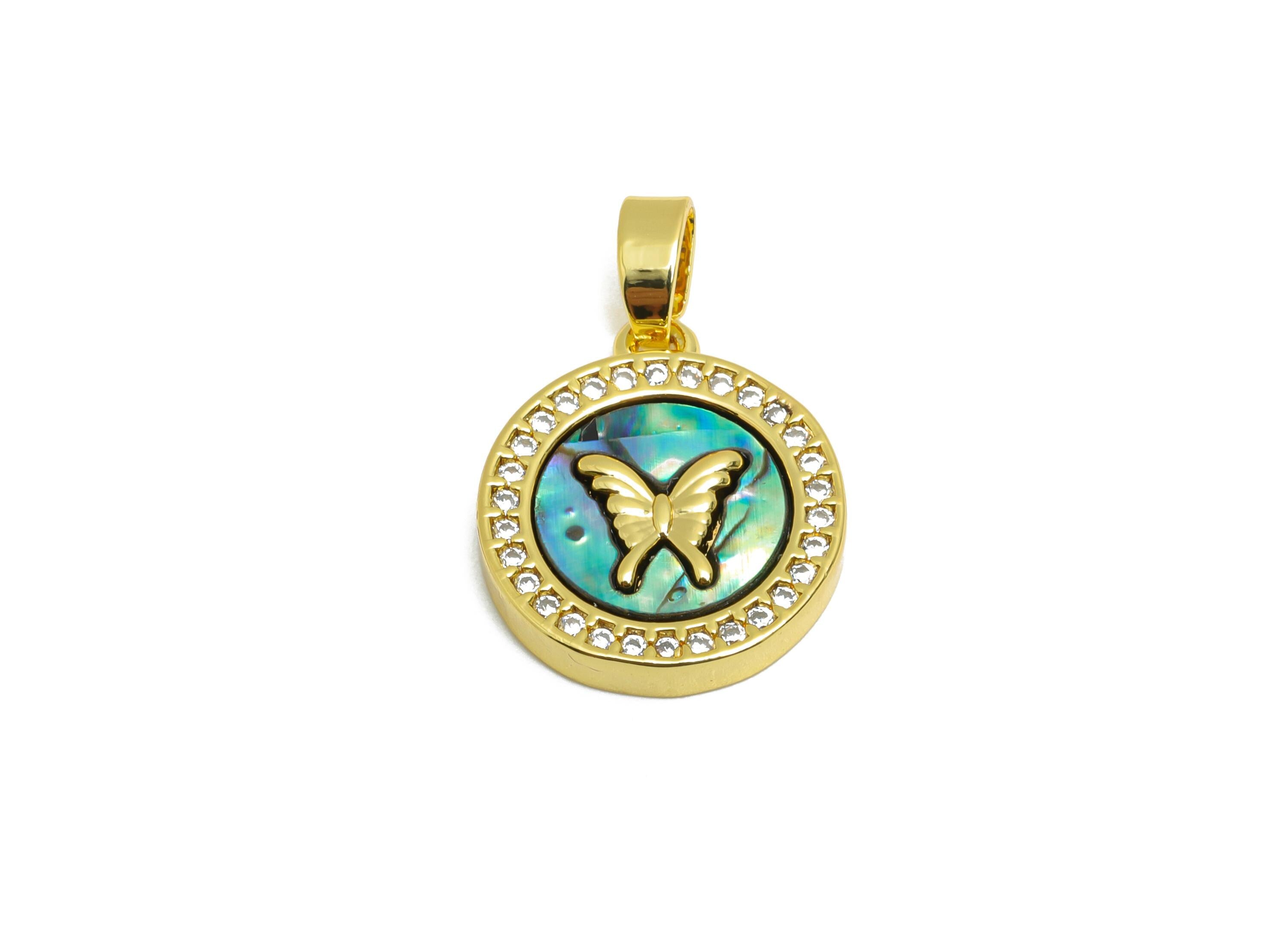 Brass Butterfly Pendant - Brass Abalone Shell Pendant - Luxe Shell Cubic Zircon Pendant - 18K Real Gold Plated - 16.18x14x3mm - RGP10660 - DOMEDBAZAAR