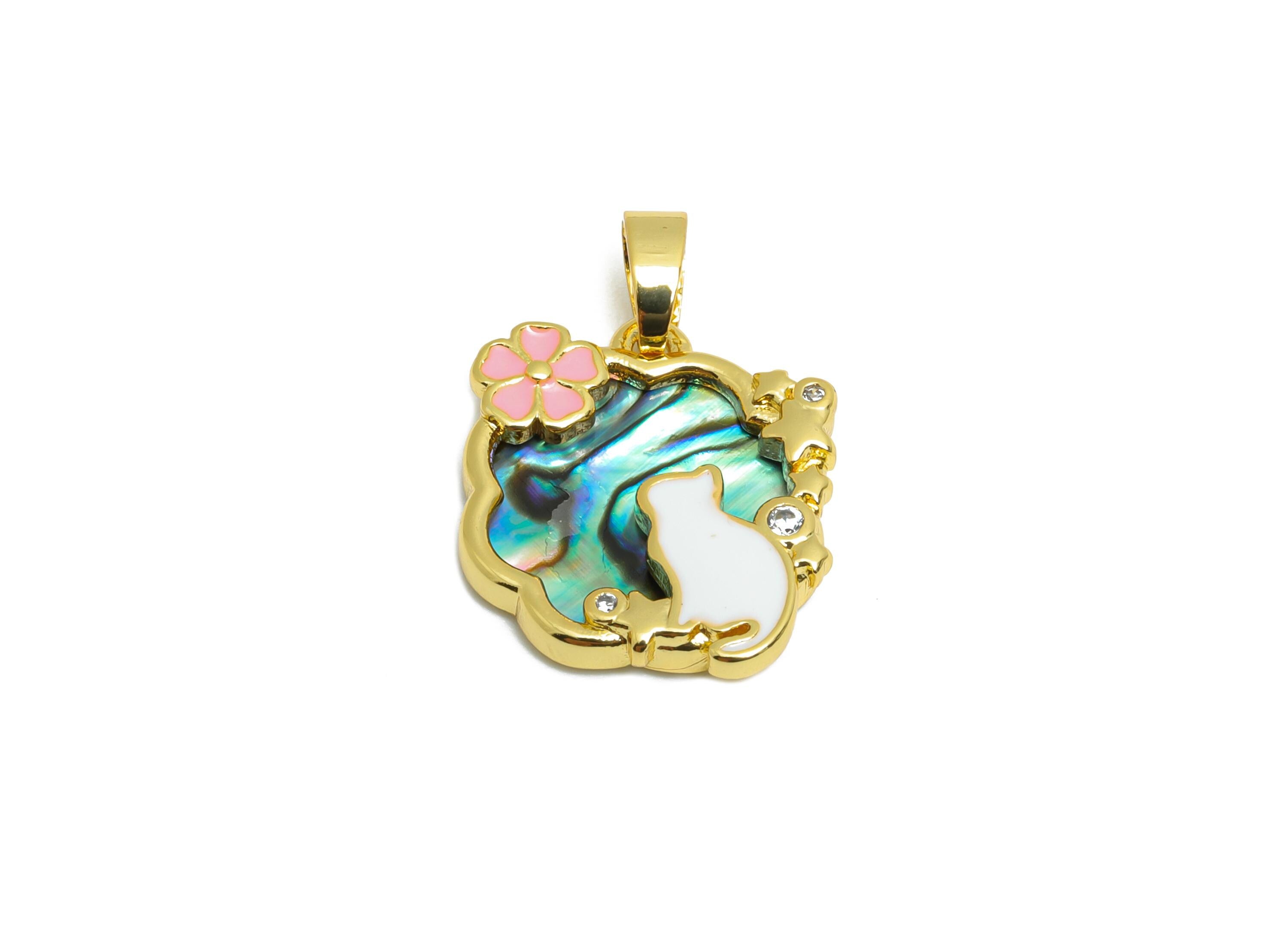 Brass Cat Floral Pendant - Brass Enamel Abalone Shell Pendant - Luxe Shell Cubic Zircon - 18K Real Gold Plated - 17x15x2mm - RGP10688 - DOMEDBAZAAR