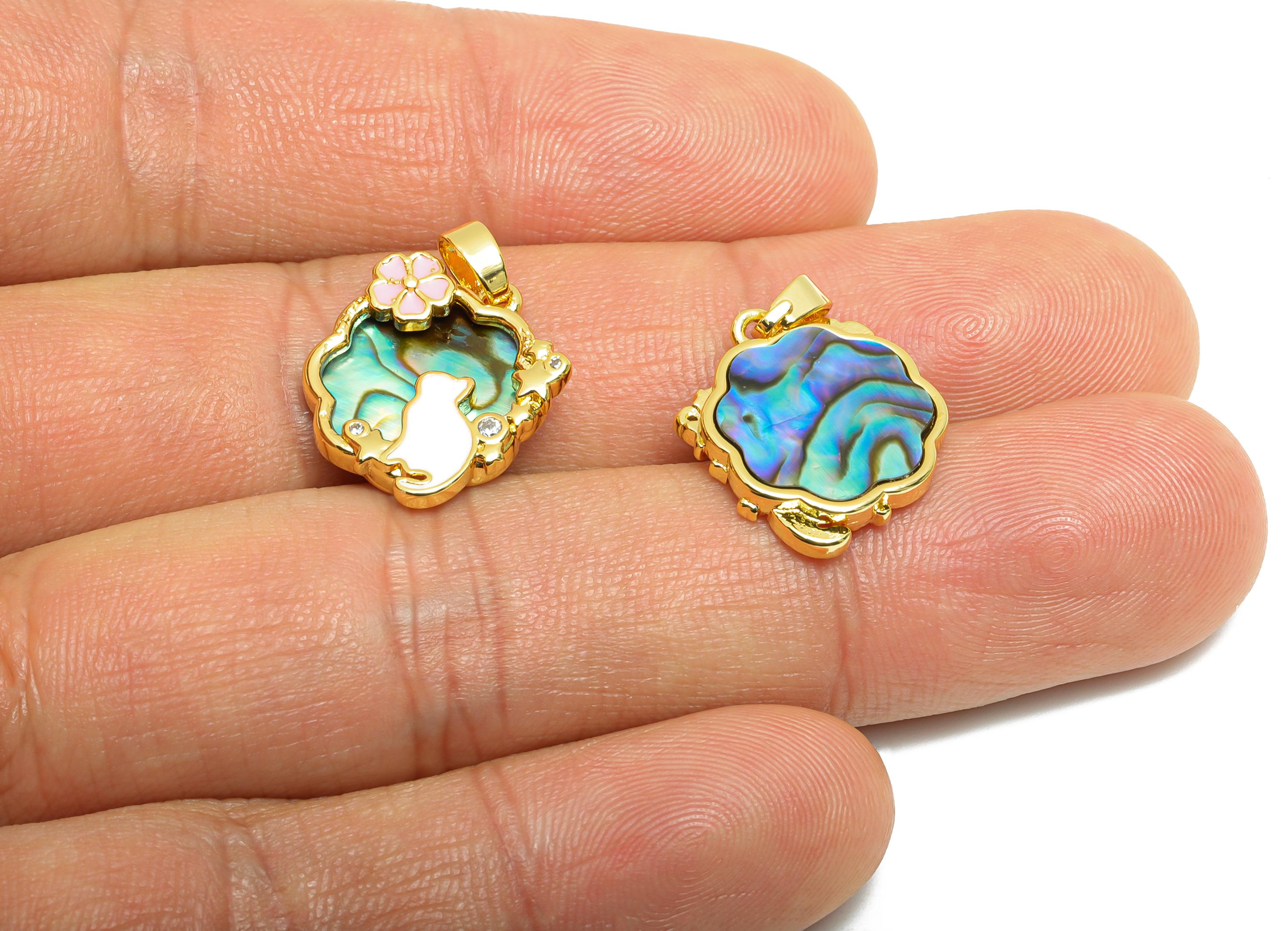 Brass Cat Floral Pendant - Brass Enamel Abalone Shell Pendant - Luxe Shell Cubic Zircon - 18K Real Gold Plated - 17x15x2mm - RGP10688 - DOMEDBAZAAR