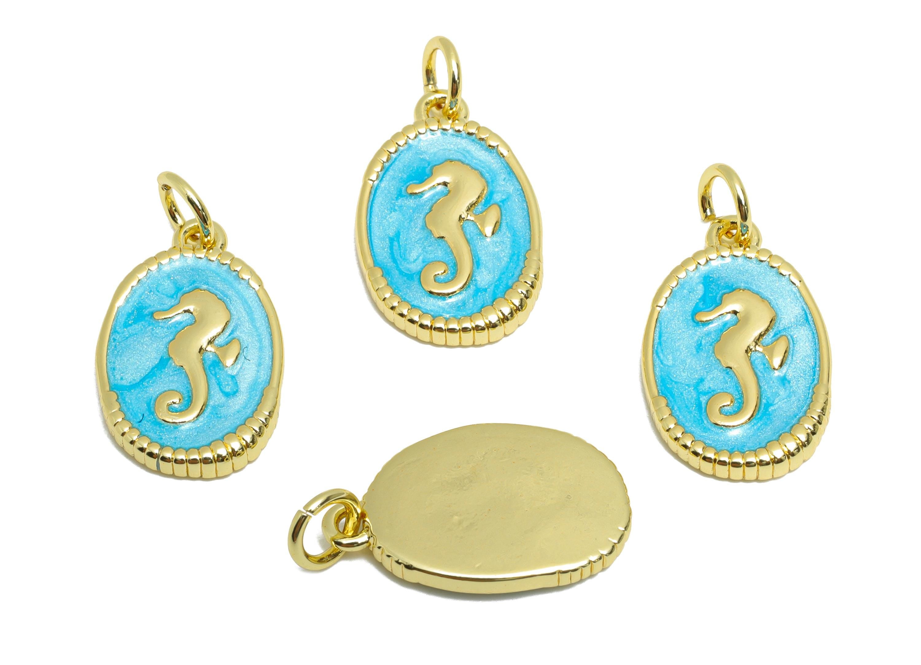 Brass Seahorse Charm - Marine Vintage Enamel Charm for Bracelet - Ocean DIY Crafting Jewelry - 18K Real Gold Plating - 17x10x2mm - RGP10559 - DOMEDBAZAAR