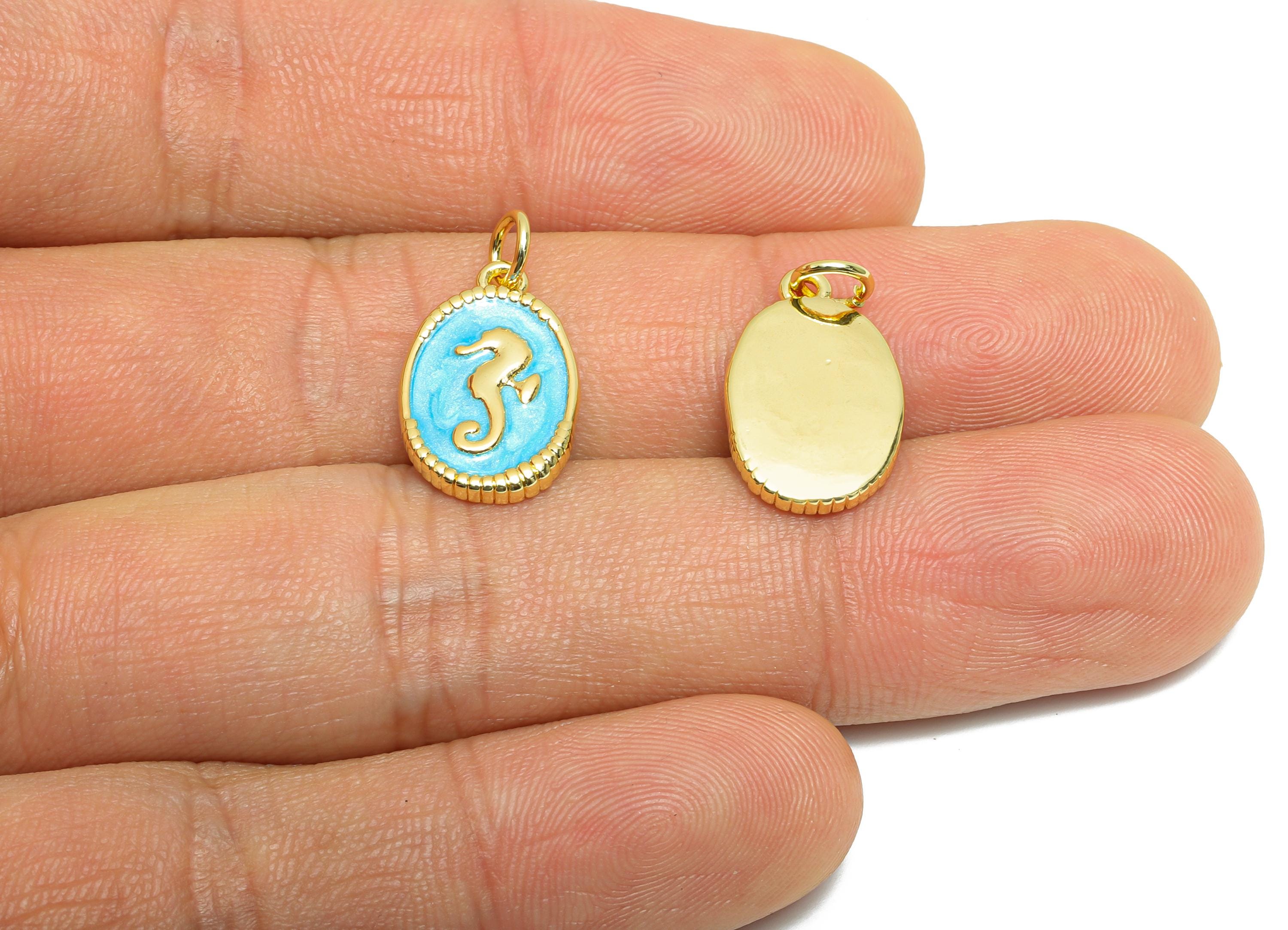 Brass Seahorse Charm - Marine Vintage Enamel Charm for Bracelet - Ocean DIY Crafting Jewelry - 18K Real Gold Plating - 17x10x2mm - RGP10559 - DOMEDBAZAAR