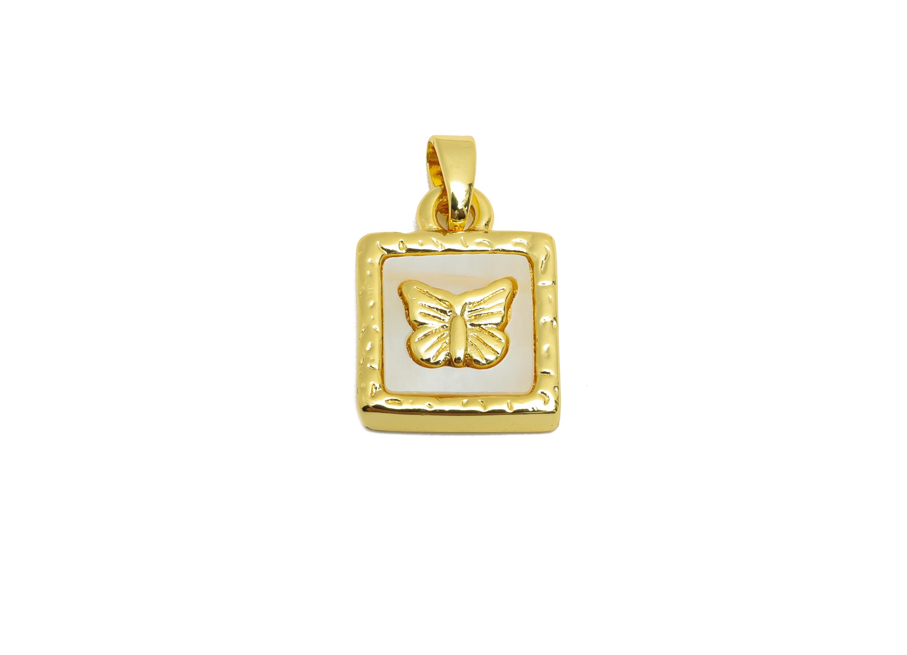 Shell Butterfly Pendant - Gold Textured Square Butterfly Pendant - Romantic Necklace Jewelry - 18K Gold Plated - 15.94x11.8x2.7mm - RGP10667 - DOMEDBAZAAR