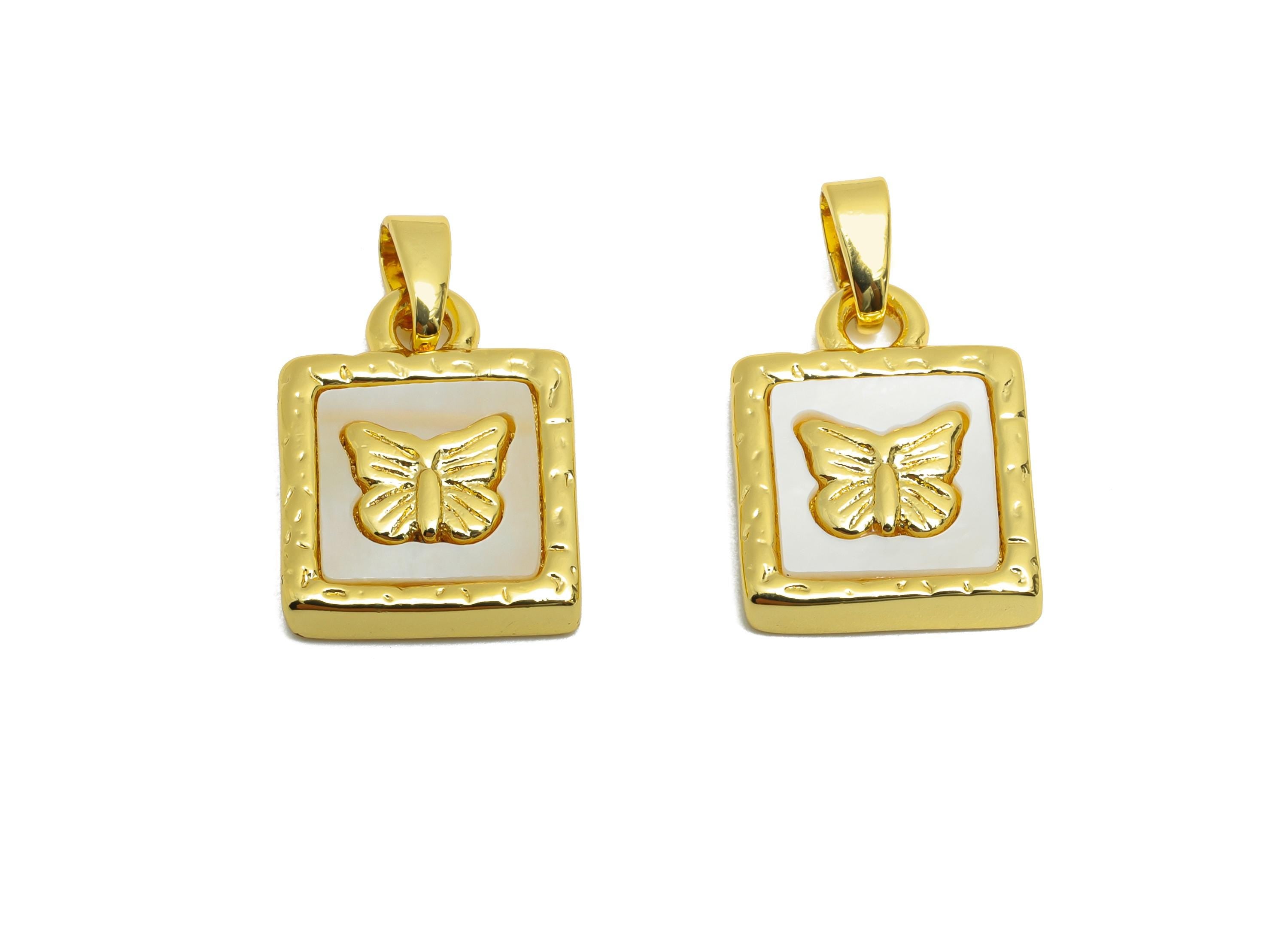 Shell Butterfly Pendant - Gold Textured Square Butterfly Pendant - Romantic Necklace Jewelry - 18K Gold Plated - 15.94x11.8x2.7mm - RGP10667 - DOMEDBAZAAR
