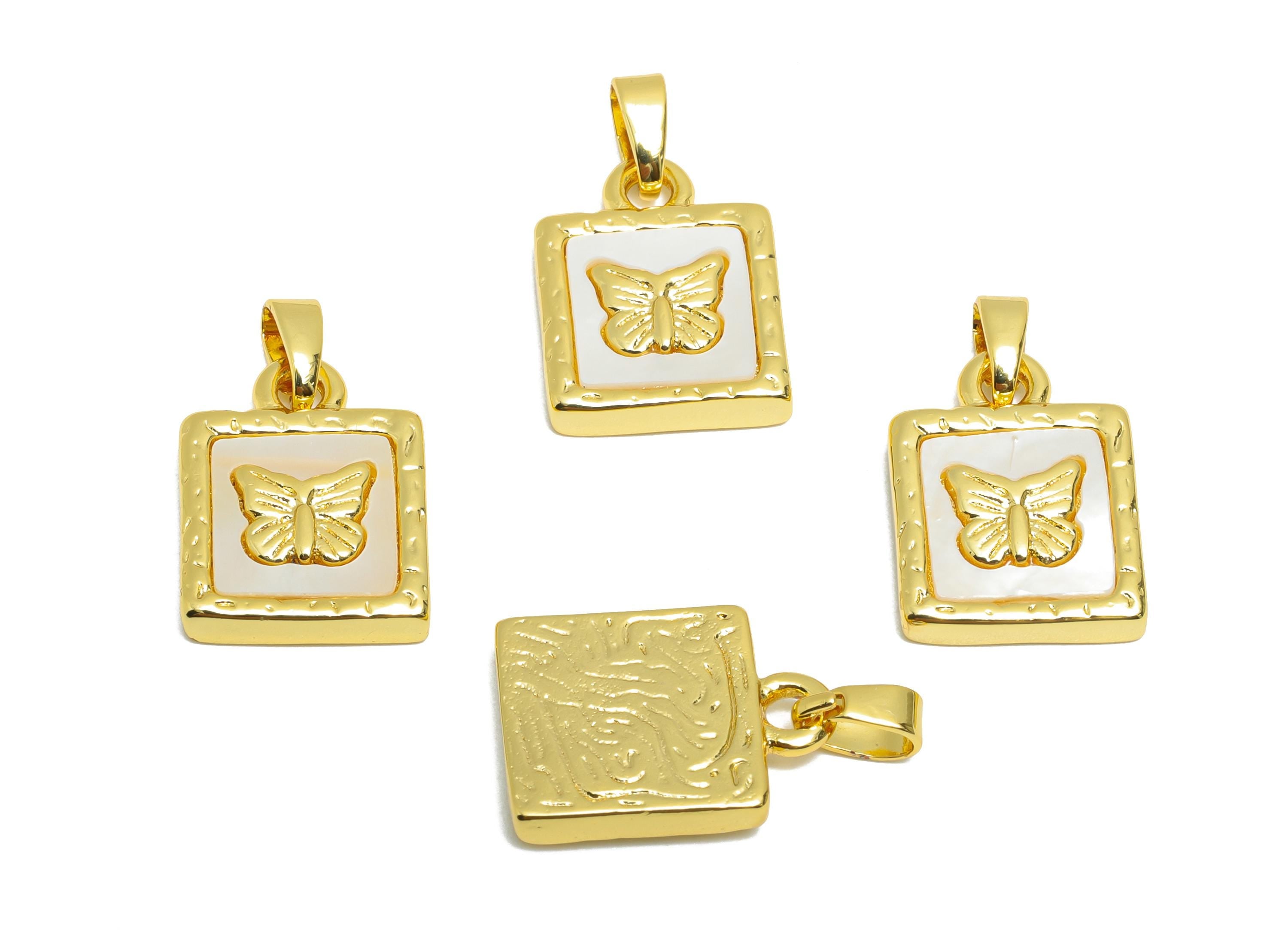 Shell Butterfly Pendant - Gold Textured Square Butterfly Pendant - Romantic Necklace Jewelry - 18K Gold Plated - 15.94x11.8x2.7mm - RGP10667 - DOMEDBAZAAR
