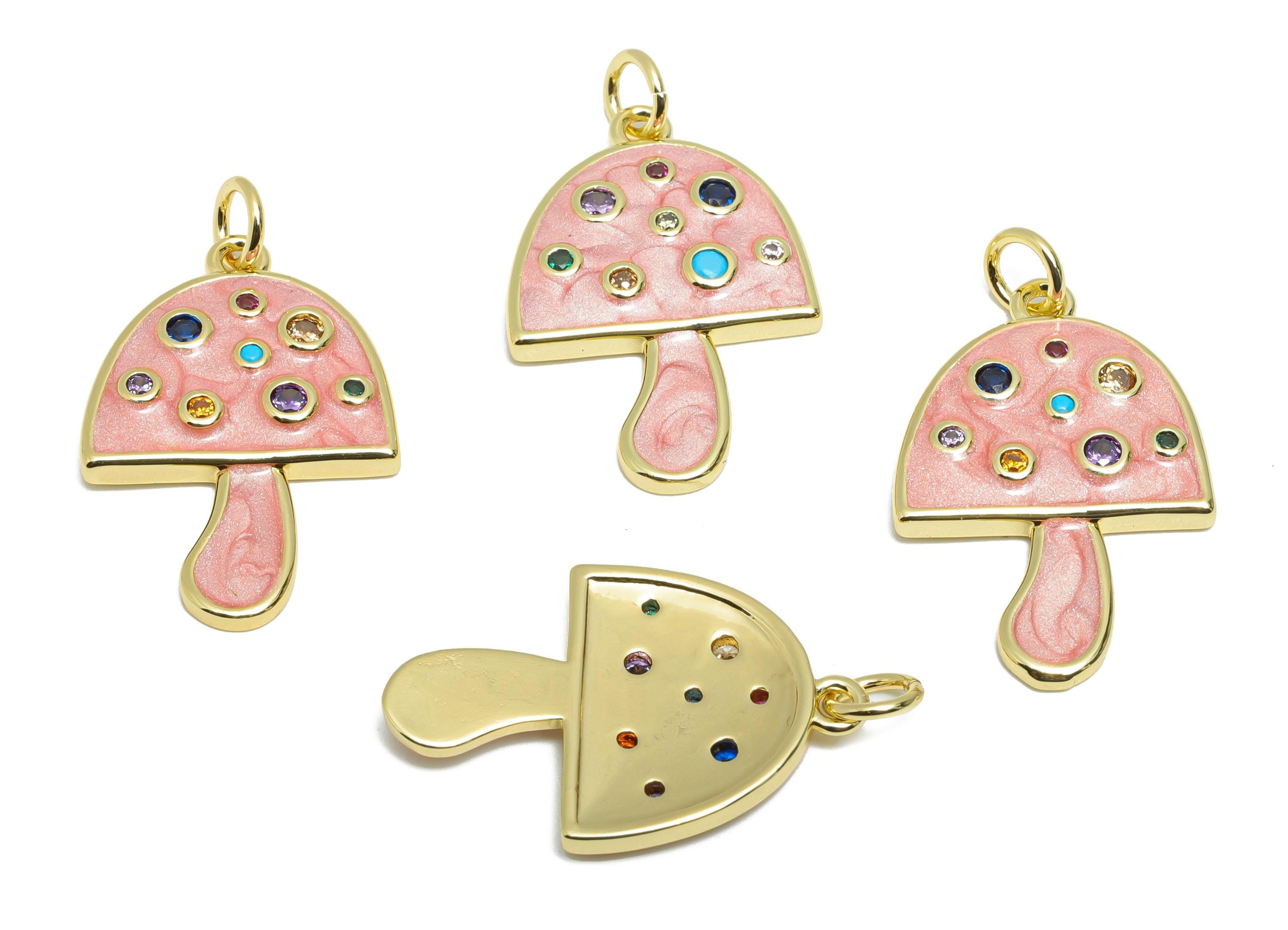 Brass Mushroom Earring Charm - Colorful Enamel Charm for Bracelet - Rainbow Cubic Zircon Charm - 18K Real Gold-Plated - 23x16x2mm - RGP10540 - DOMEDBAZAAR