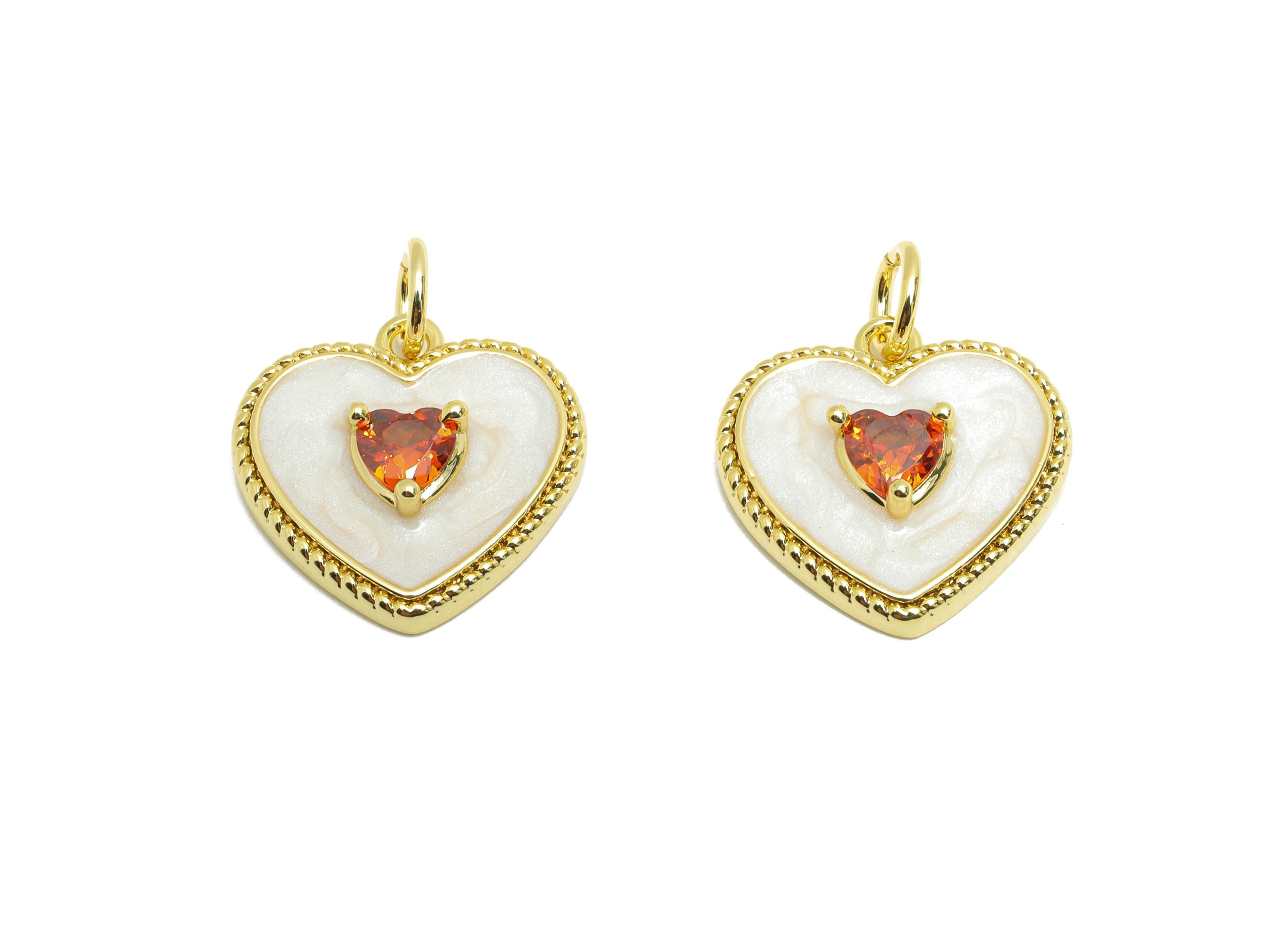 Brass Heart Earring Charm - Colorful Enamel Charm for Bracelet - Vintage Cubic Zircon Charm - 18K Real Gold-Plated - 14x14x4mm - RGP10563 - DOMEDBAZAAR