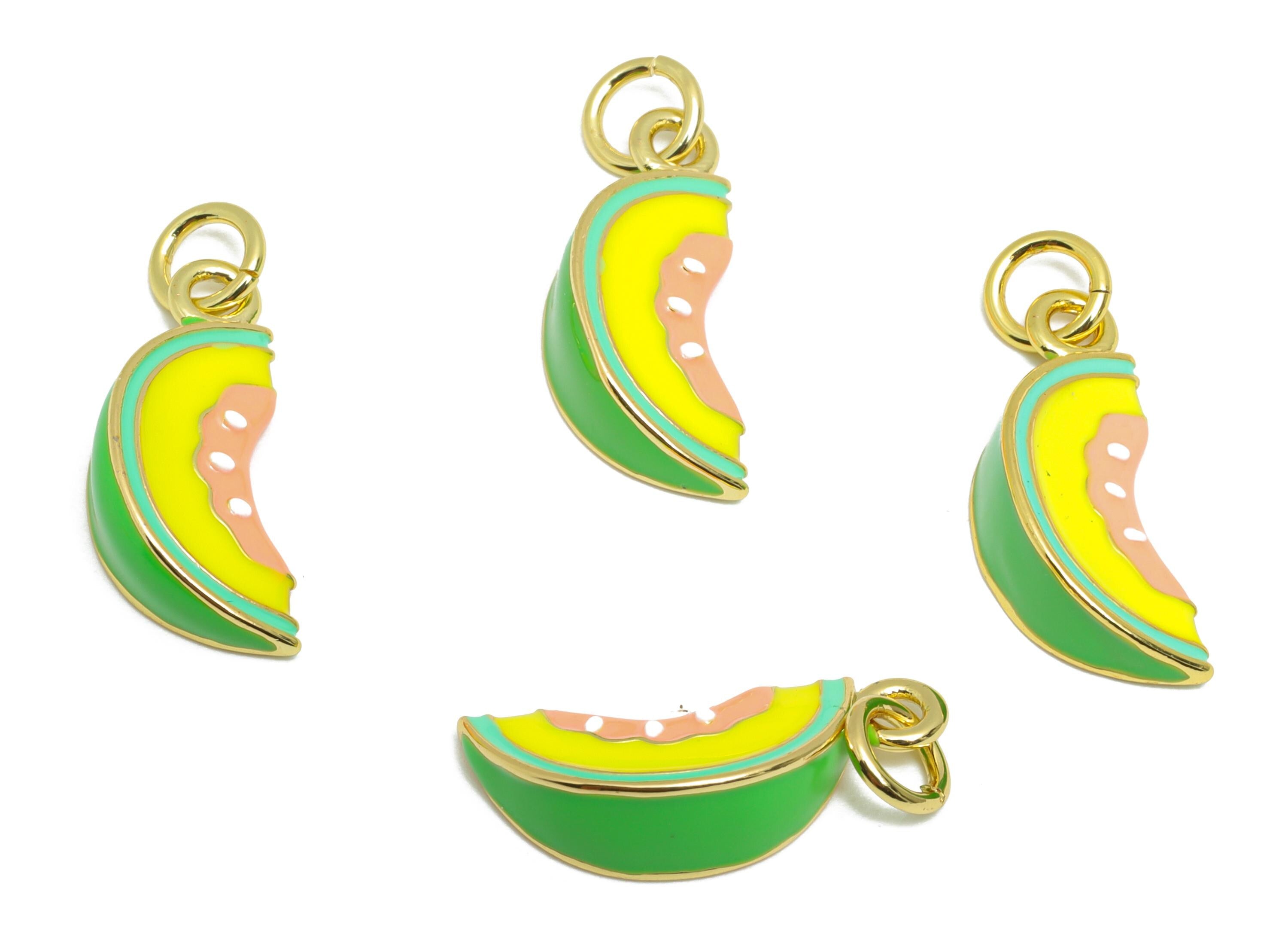 Brass Watermelon Earring Charm - Colorful Enamel Charm for Bracelet -  Summer Cute Jewelry - 18K Real Gold-Plated - 18x7x4.81mm - RGP10541 - DOMEDBAZAAR