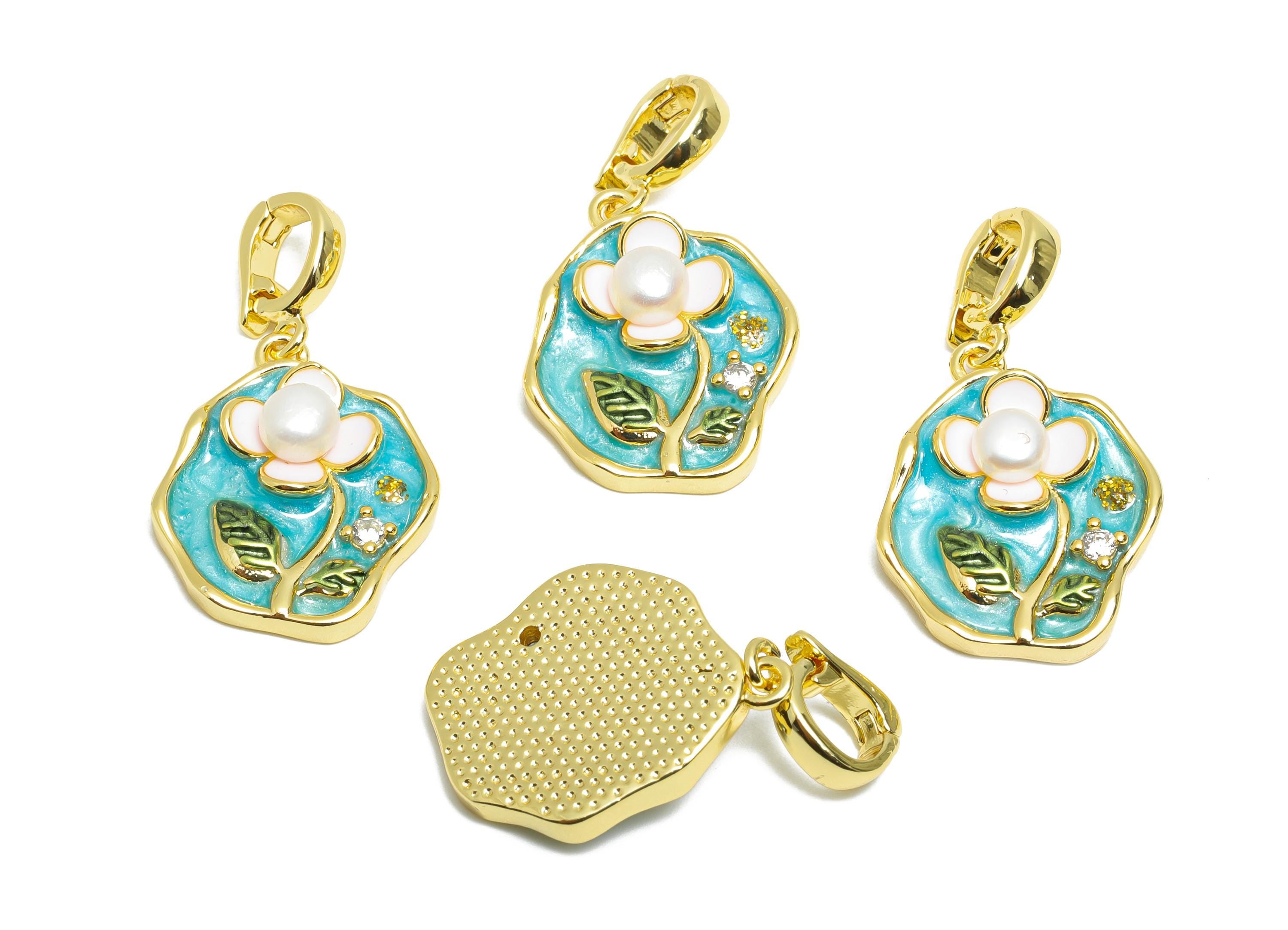 Enamel Pearl Floral Pendant - Chic Brass Zircon Pendant - Openable Necklace Pendant - Dainty Jewelry - 18K Gold Plated - 21x17x5mm -RGP10654 - DOMEDBAZAAR