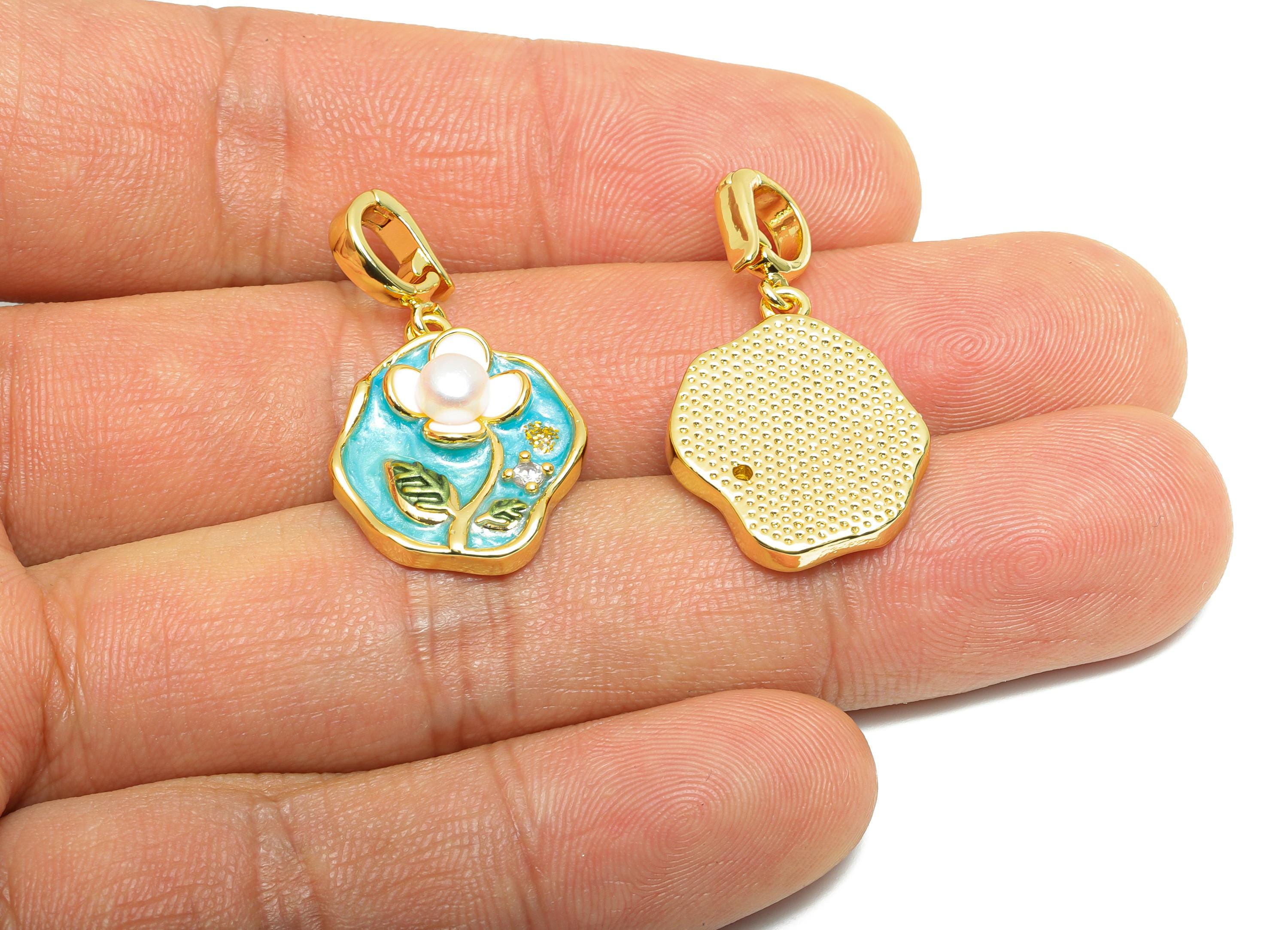 Enamel Pearl Floral Pendant - Chic Brass Zircon Pendant - Openable Necklace Pendant - Dainty Jewelry - 18K Gold Plated - 21x17x5mm -RGP10654 - DOMEDBAZAAR
