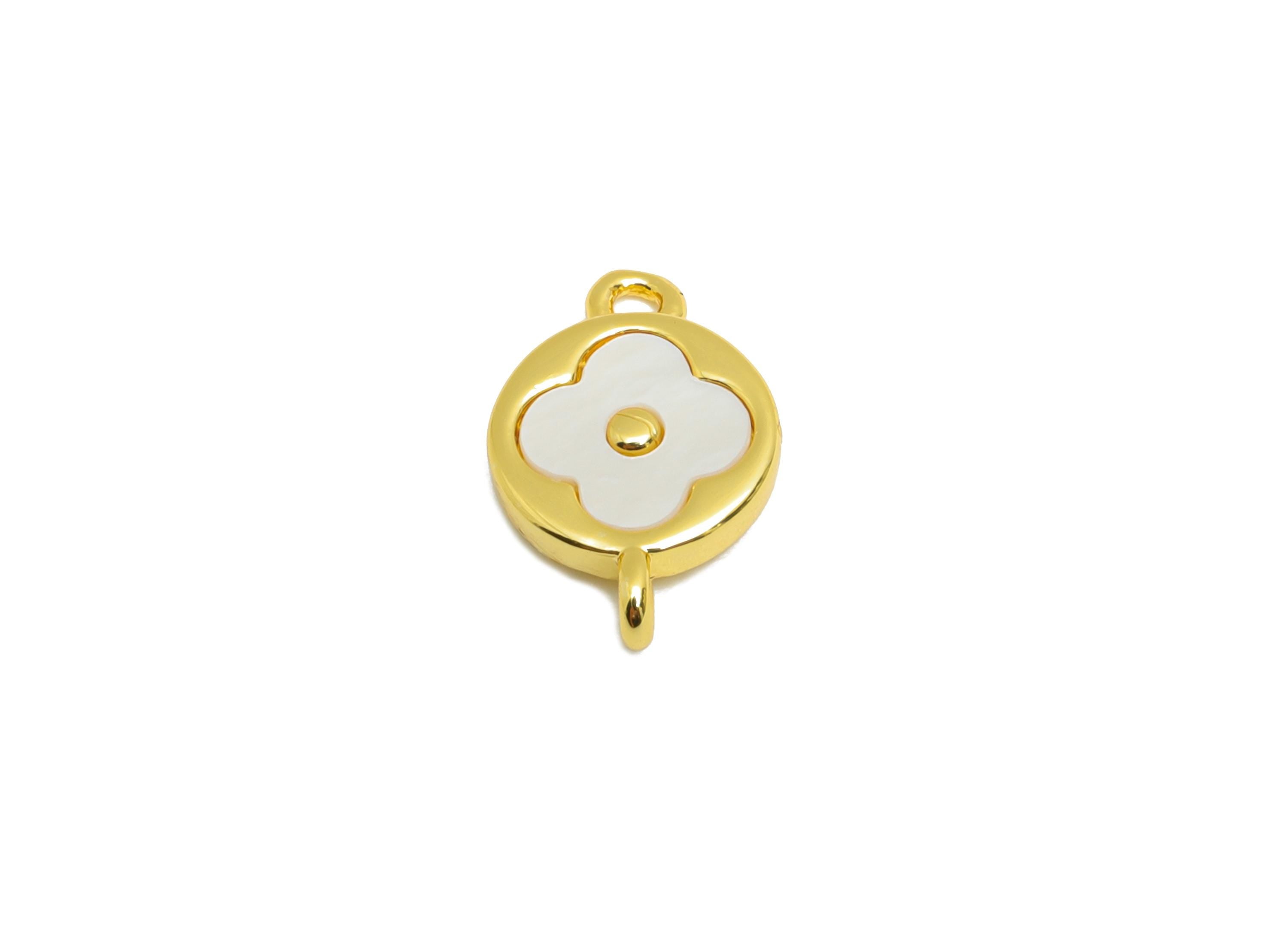 Shell Round Bracelet Charm - Brass Dainty Shell Four-Leaf Clover Charm - Gold Jewelry Connector - 18K Real Gold Plated - 13x8x2mm - RGP10674 - DOMEDBAZAAR