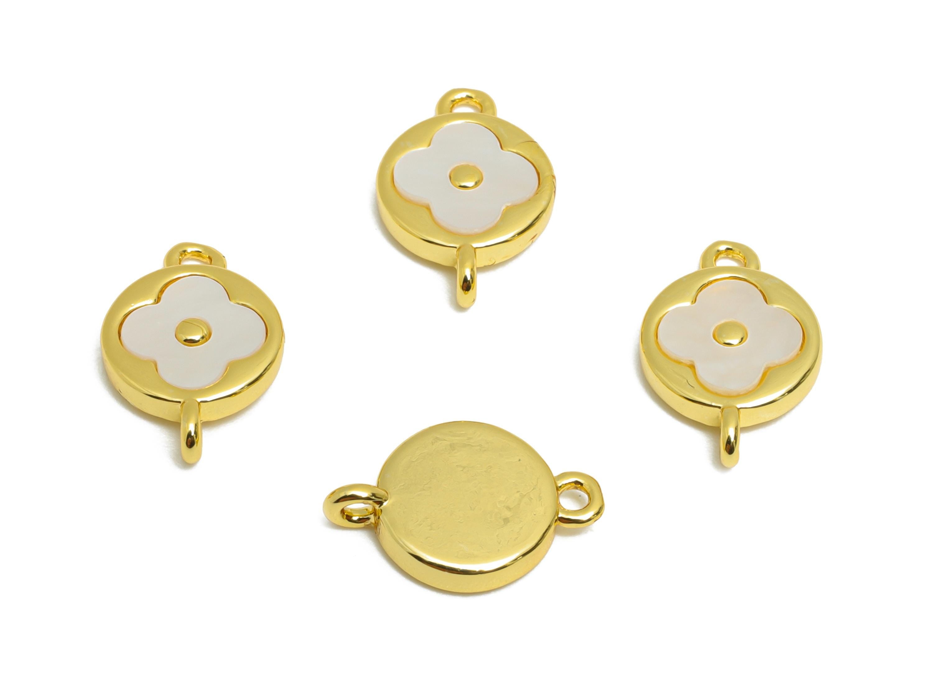 Shell Round Bracelet Charm - Brass Dainty Shell Four-Leaf Clover Charm - Gold Jewelry Connector - 18K Real Gold Plated - 13x8x2mm - RGP10674 - DOMEDBAZAAR