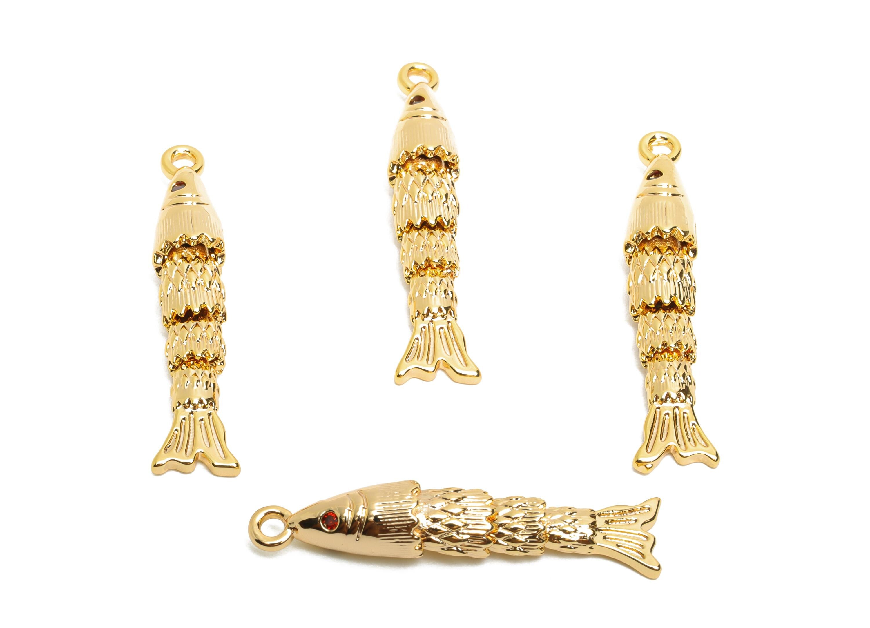 Movable 3D Articulated Fish Charm - Brass Textured Cubic Zircon Flexible Marine Pendant - 18K Real Gold Plated - 30x5.65x5.84mm - RGP10527 - DOMEDBAZAAR