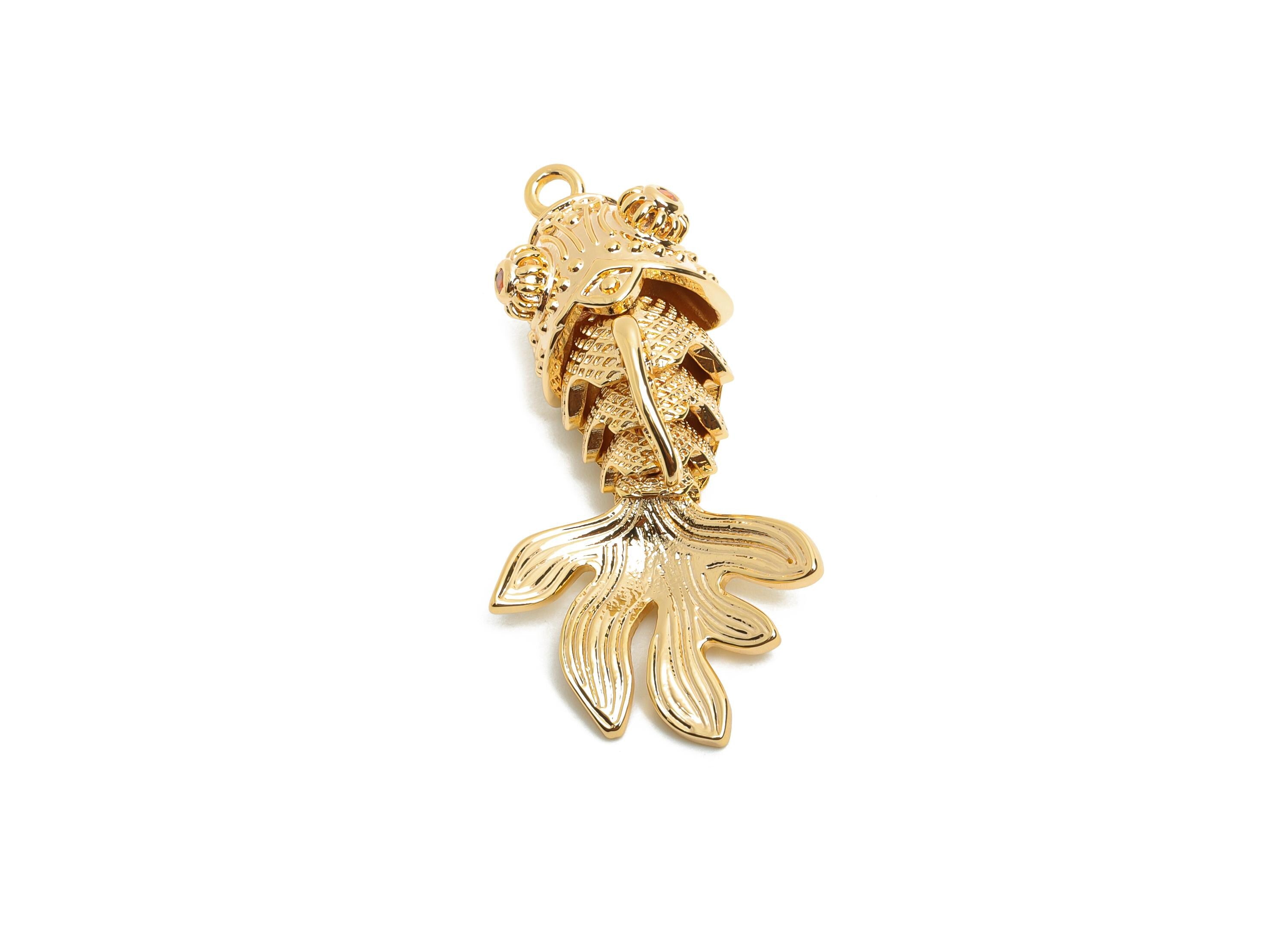 Dainty Goldfish Charms - Brass Movable Fish Pendant - CZ Handmade Articulated Fish - 18K Real Gold Plated - 36.33x17.8x12.23mm - RGP10512 - DOMEDBAZAAR
