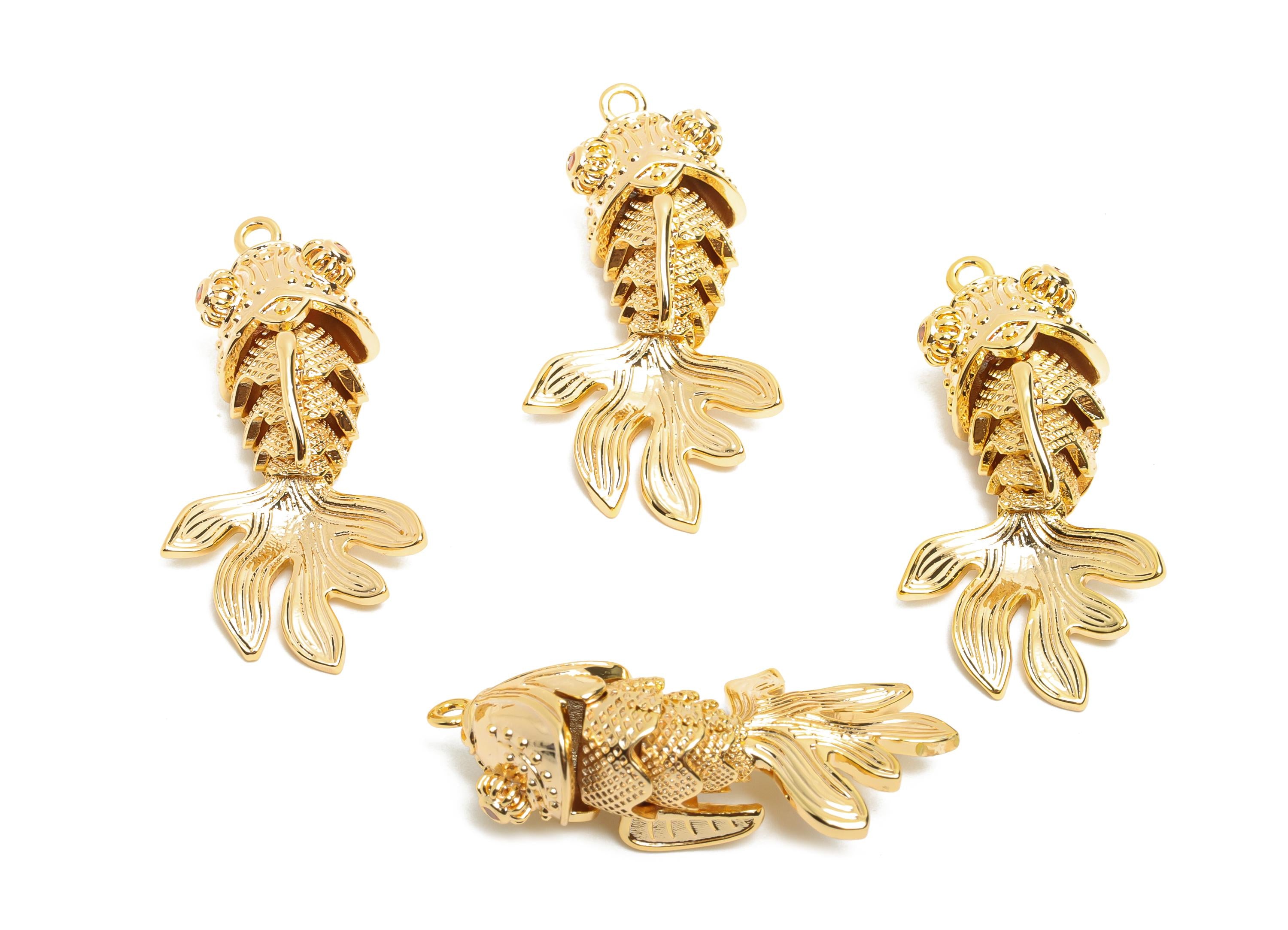 Dainty Goldfish Charms - Brass Movable Fish Pendant - CZ Handmade Articulated Fish - 18K Real Gold Plated - 36.33x17.8x12.23mm - RGP10512 - DOMEDBAZAAR