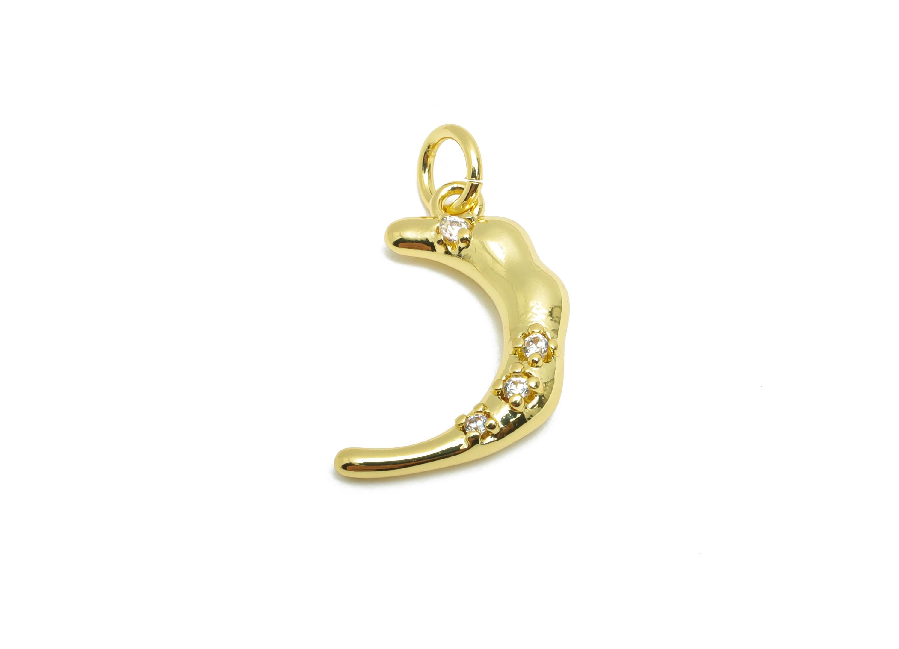 Brass Crescent Bracelet Charm - Sparkling Zircon Moon Charm - Textured Jewelry Accessories - 18K Real Gold Plated - 14.6x9x3.46mm -RGP10590 - DOMEDBAZAAR