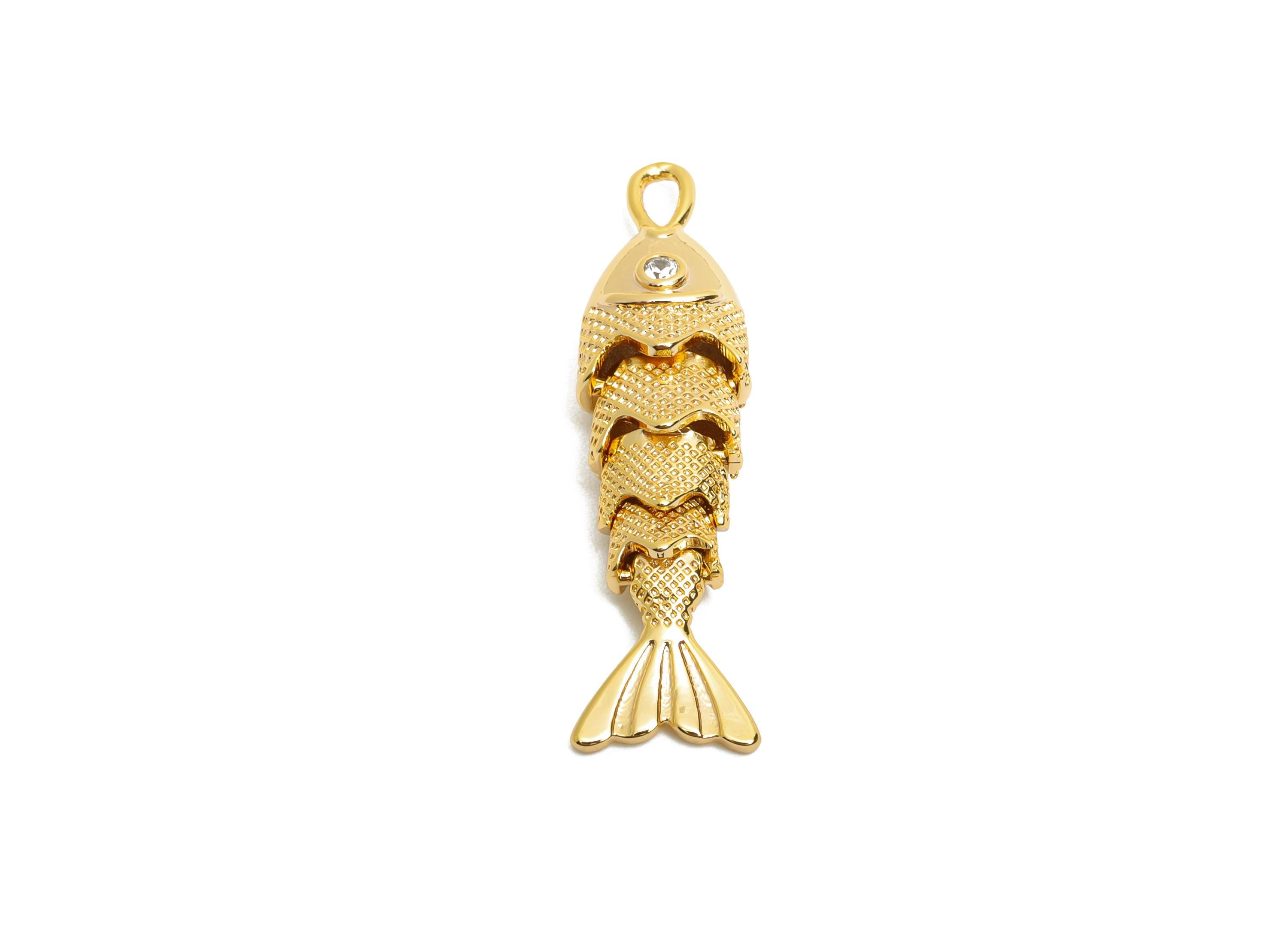Movable 3D Articulated Fish Charms - Brass Textured Cubic Zircon Flexible Marine Pendant - 18K Real Gold Plated - 32.9x8.54x6mm - RGP10520 - DOMEDBAZAAR