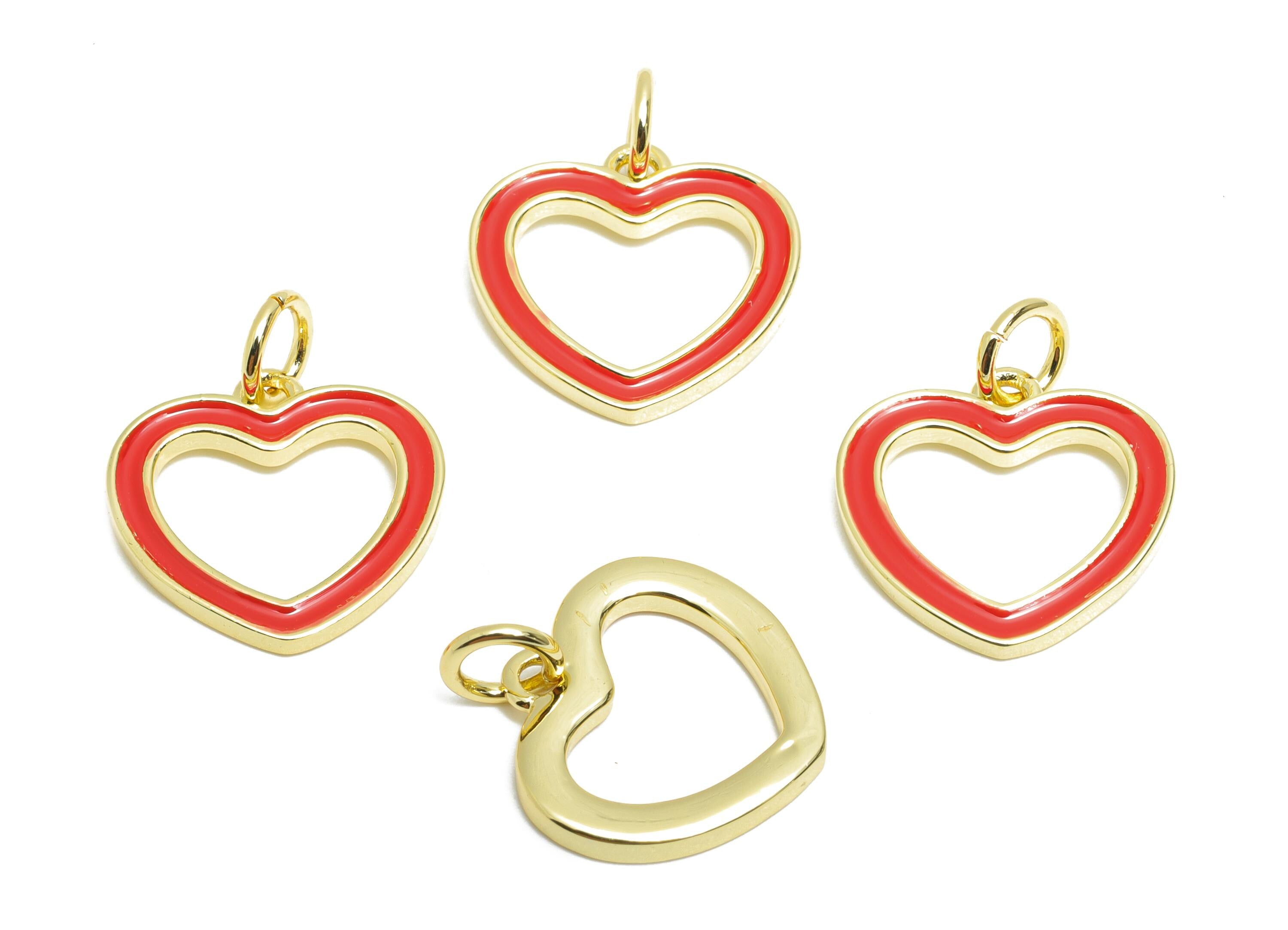 Modern Heart Ring Charm - Brass Enamel Heart Bracelet Charm - Gold Framed Heart Pendant - 18K Real Gold Plated - 13.73x14.15x4.62mm-RGP10589 - DOMEDBAZAAR